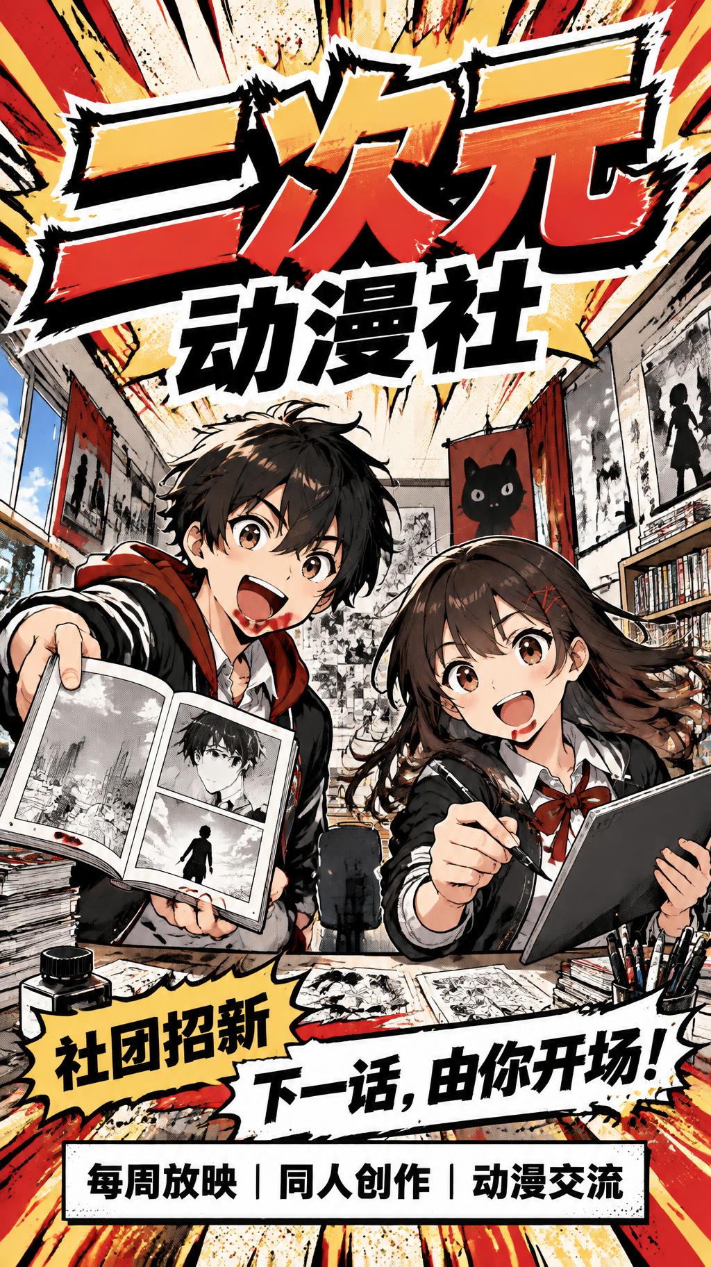 "二次元
动漫社
社团招新
下一话，由你开场！
每周放映｜同人创作｜动漫交流" — Anime | AI Text Effect Generator