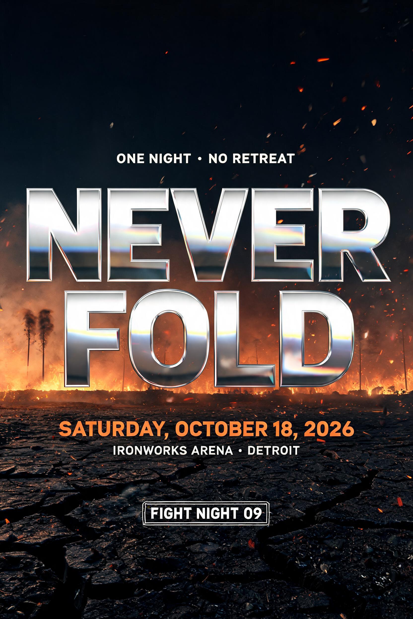 "Never Fold
ONE NIGHT • NO RETREAT
SATURDAY, OCTOBER 18, 2026
IRONWORKS ARENA · DETROIT
FIGHT NIGHT 09" — Post Apocalyptic | AI Text Effect Generator