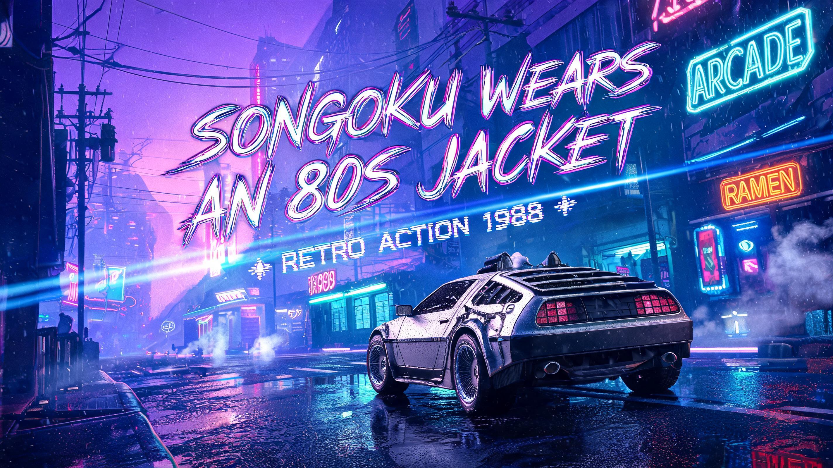 "songoku wears n 80s jacket" — Cinematic text effect