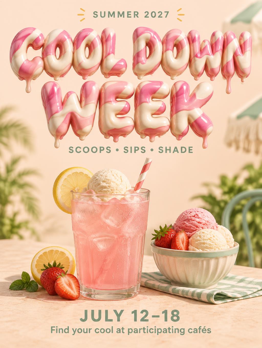 "COOL DOWN WEEK
SUMMER 2027
SCOOPS • SIPS • SHADE
JULY 12–18
Find your cool at participating cafés" — Drip Font Ice text effect