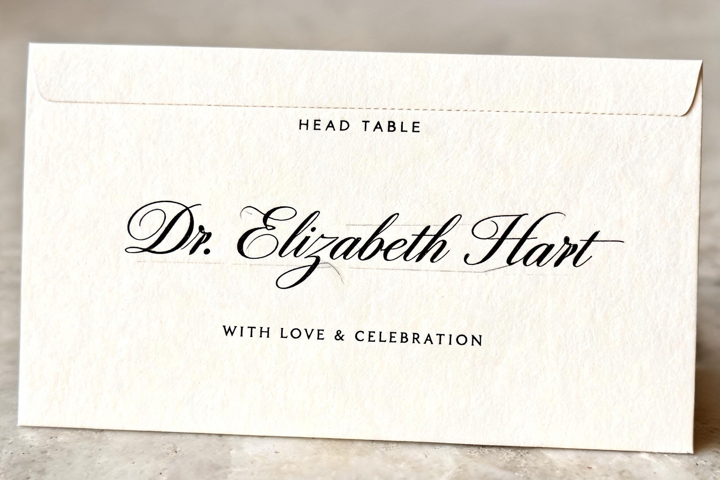 "Dr. Elizabeth Hart
HEAD TABLE
WITH LOVE & CELEBRATION" — Cursive Calligraphy | AI Text Effect Generator