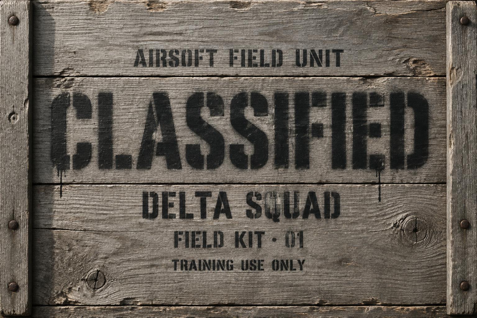 "AIRSOFT FIELD UNIT
CLASSIFIED
DELTA SQUAD
FIELD KIT · 01
TRAINING USE ONLY" — Stencil | AI Text Effect Generator