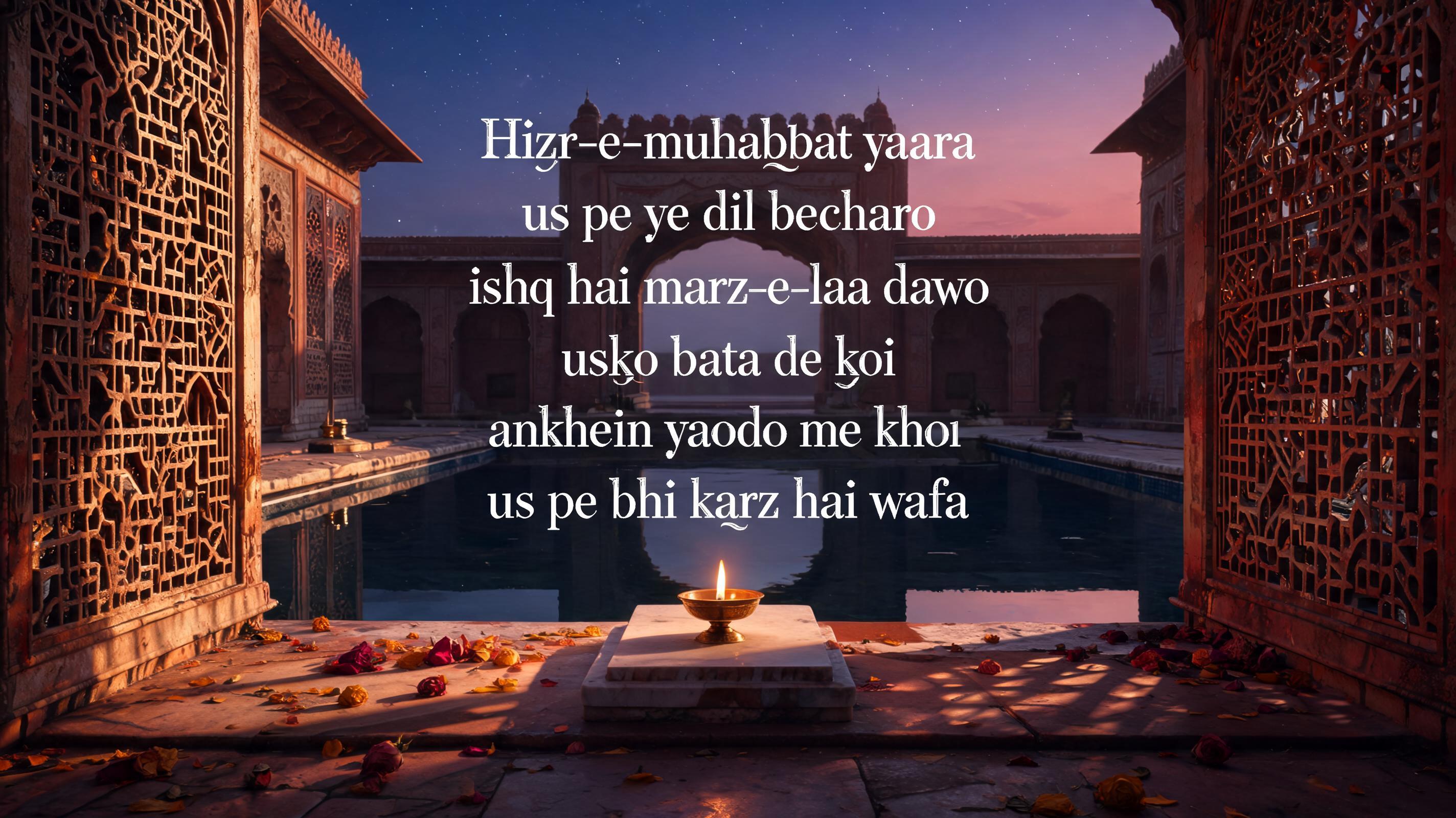 "Hizr-e-muhabbat yaara us pe ye dil bechara ishq hai marz-e-laa dawa usko bata de koi ankhein yaado me khoi us pe bhi karz hai wafa" —  | AI Text Effect Generator