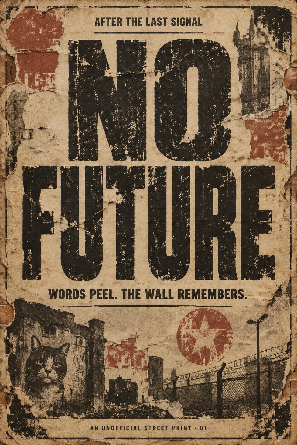 "NO FUTURE
AFTER THE LAST SIGNAL
WORDS PEEL. THE WALL REMEMBERS.
AN UNOFFICIAL STREET PRINT · 01" — Vintage | AI Text Effect Generator