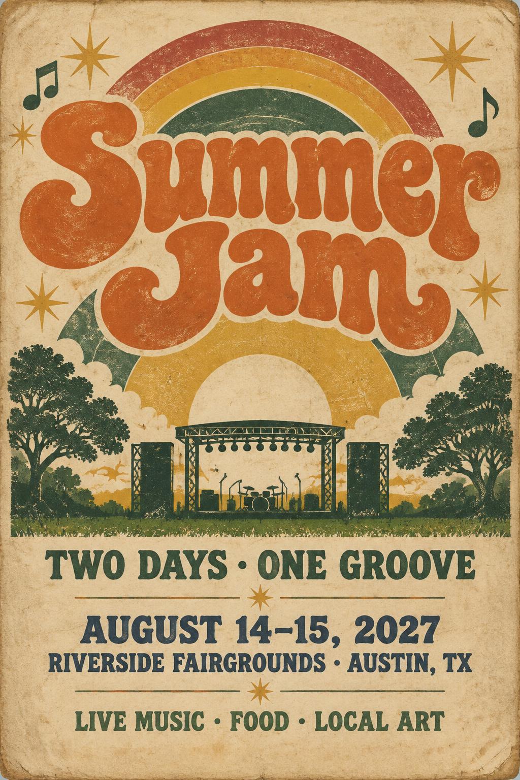 "Summer Jam
TWO DAYS · ONE GROOVE
AUGUST 14–15, 2027
RIVERSIDE FAIRGROUNDS · AUSTIN, TX
LIVE MUSIC · FOOD · LOCAL ART" — Vintage | AI Text Effect Generator