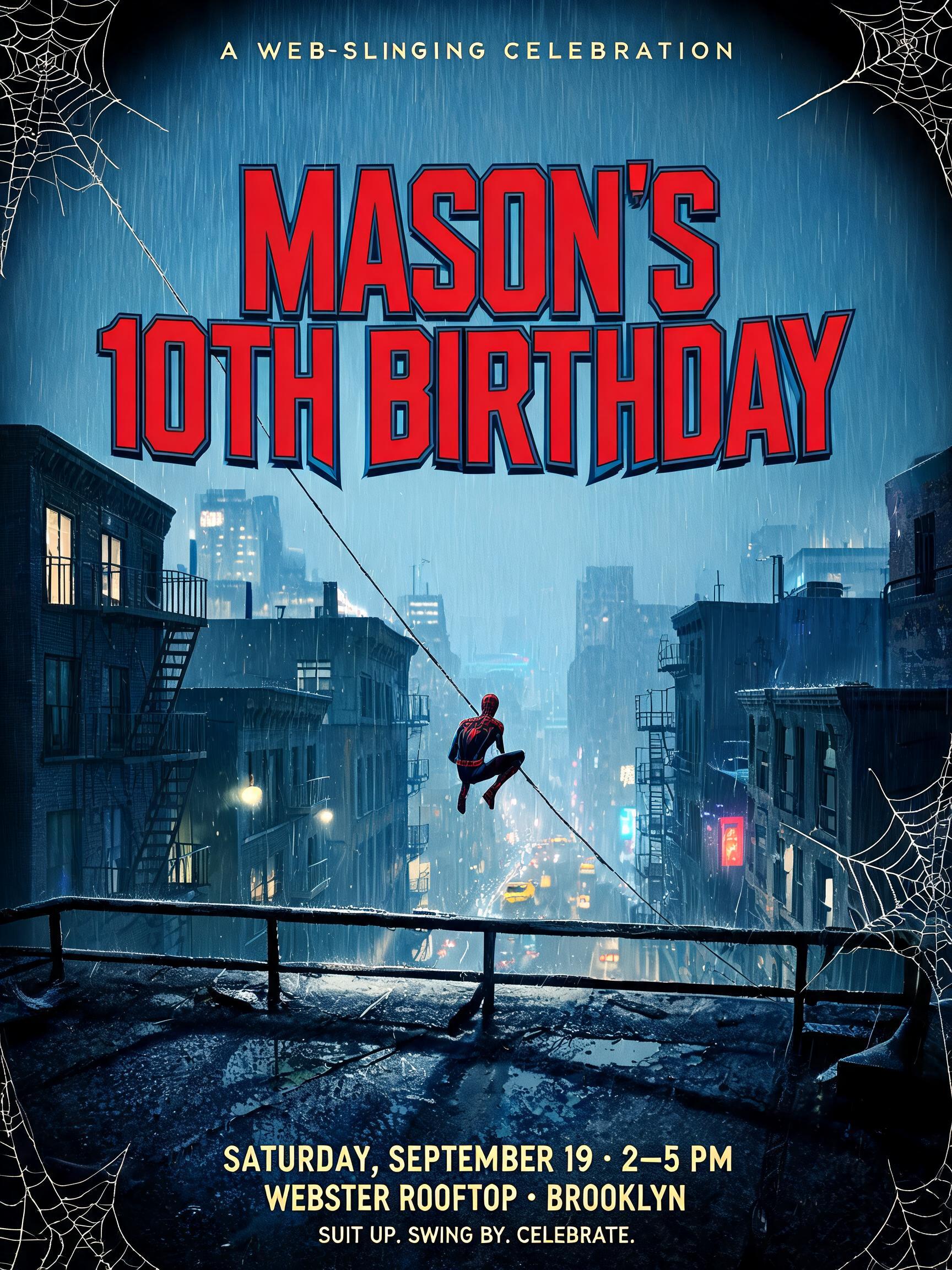 "A WEB-SLINGING CELEBRATION
MASON’S
10TH BIRTHDAY
SATURDAY, SEPTEMBER 19 • 2–5 PM
WEBSTER ROOFTOP • BROOKLYN
SUIT UP. SWING BY. CELEBRATE." — Spider Hero | AI Text Effect Generator