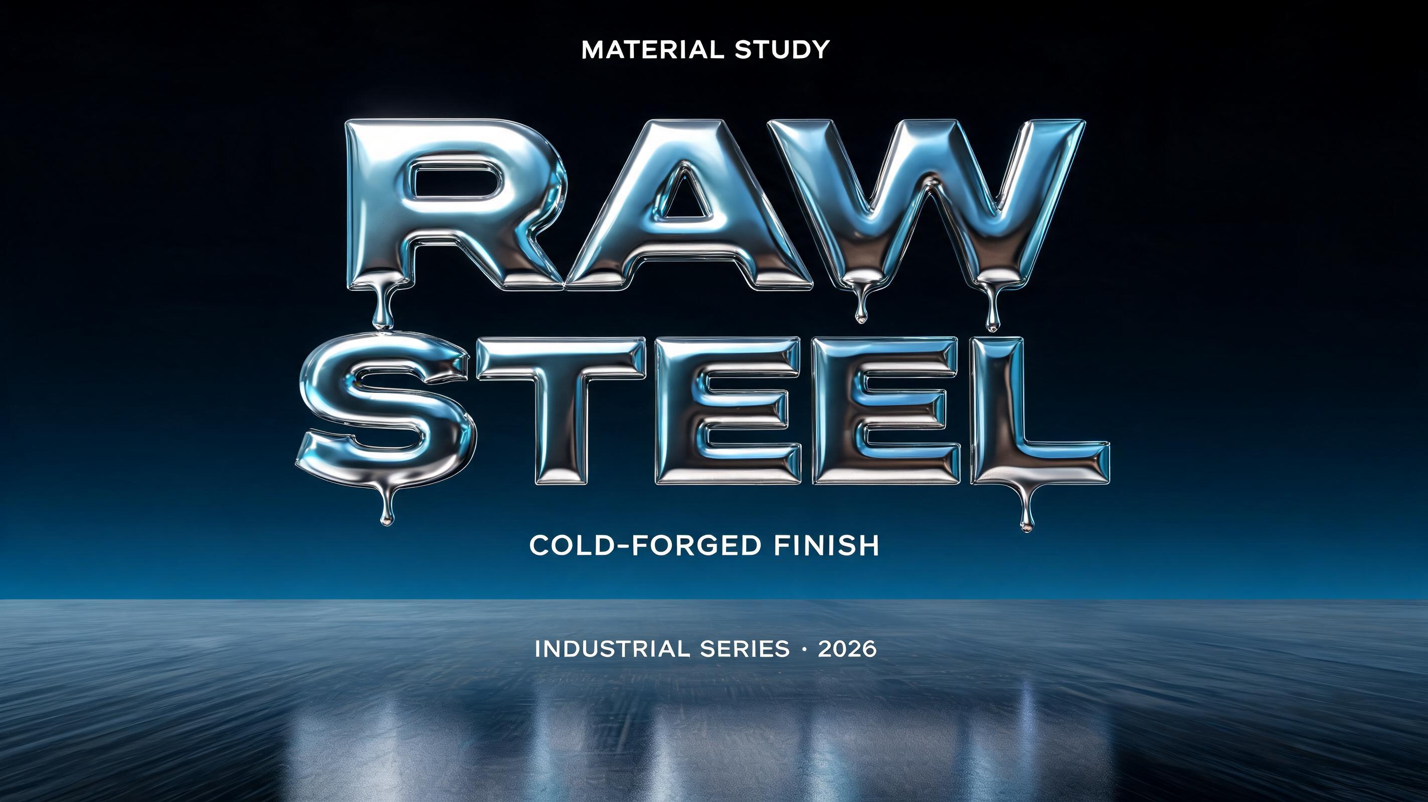 "RAW
STEEL
MATERIAL STUDY
COLD-FORGED FINISH
INDUSTRIAL SERIES · 2026" — metallic text effect