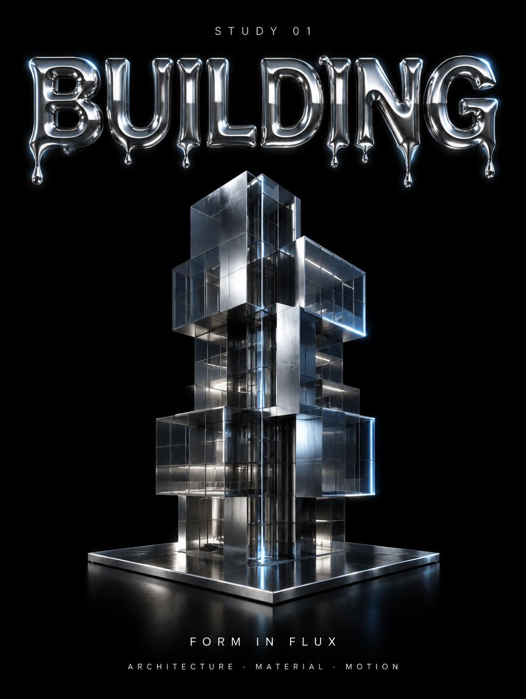 "BUILDING
FORM IN FLUX
ARCHITECTURE · MATERIAL · MOTION
STUDY 01" — Chrome Metal 3d | AI Text Effect Generator