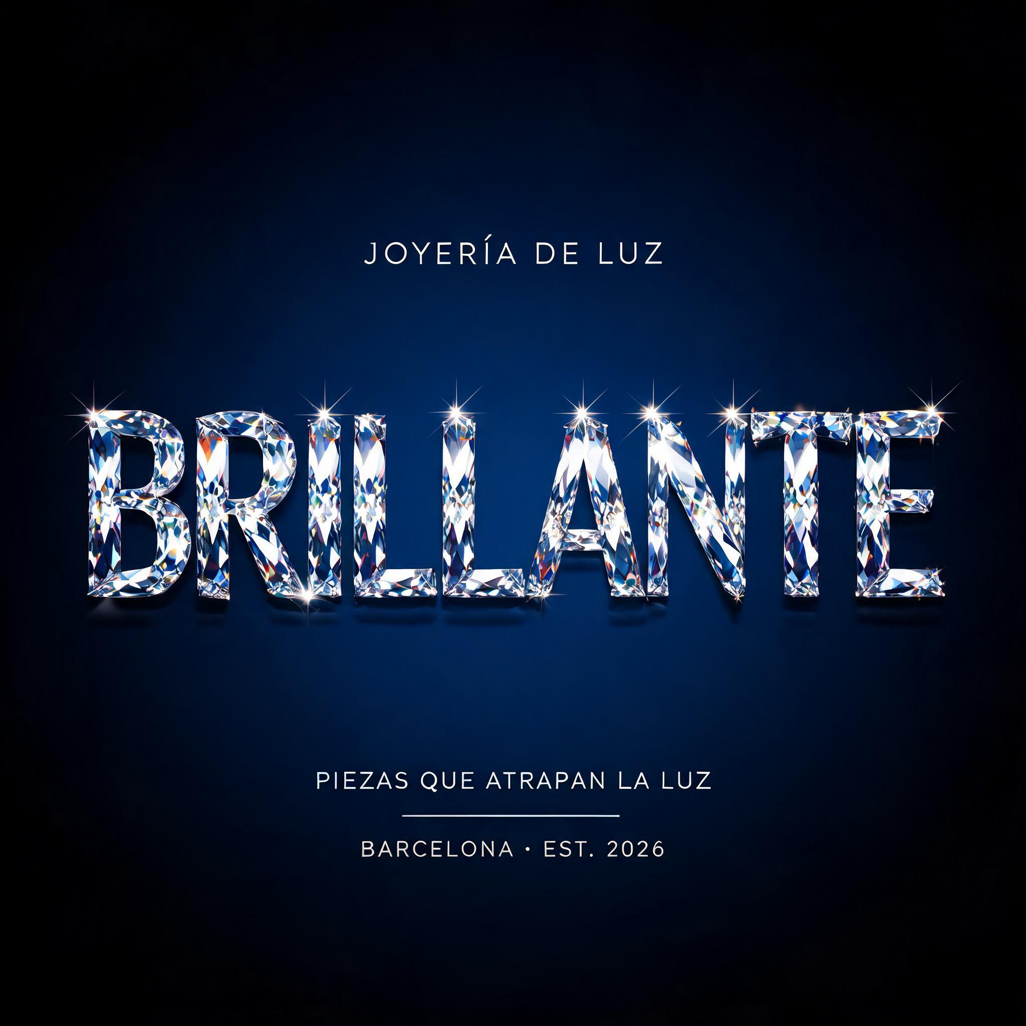 "BRILLANTE
JOYERÍA DE LUZ
PIEZAS QUE ATRAPAN LA LUZ
BARCELONA · EST. 2026" — Glass Crystal | AI Text Effect Generator
