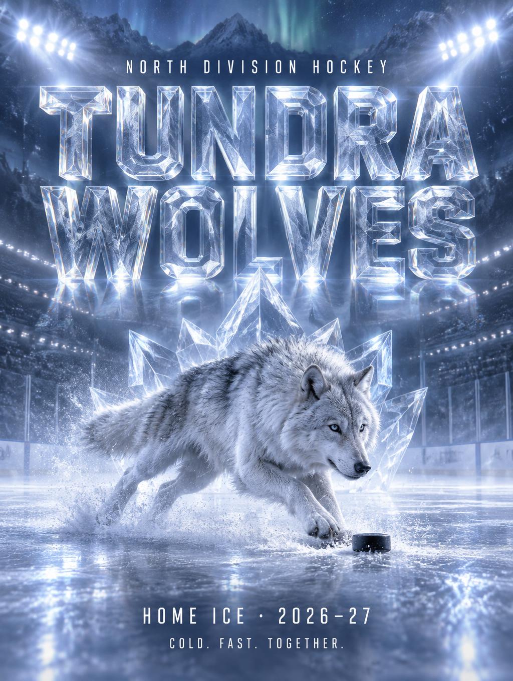 "TUNDRA
WOLVES
NORTH DIVISION HOCKEY
HOME ICE · 2026–27
COLD. FAST. TOGETHER." — Glass | AI Text Effect Generator