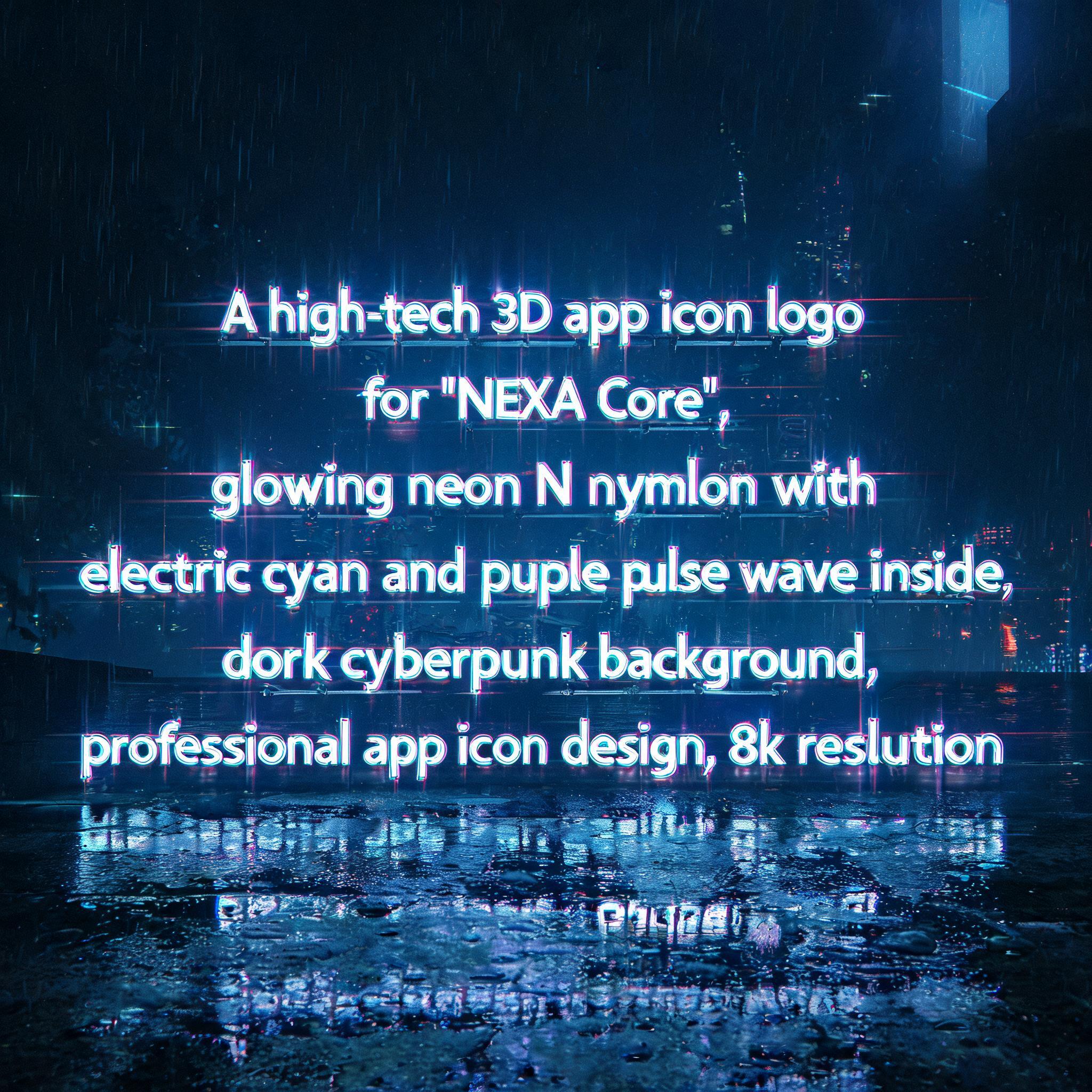 "​A high-tech 3D app icon logo for 'NEXA Core', glowing neon N symbol with electric cyan and purple pulse wave inside, dark cyberpunk background, professional app icon design, 8k resolution" — Neon Glow | AI Text Effect Generator