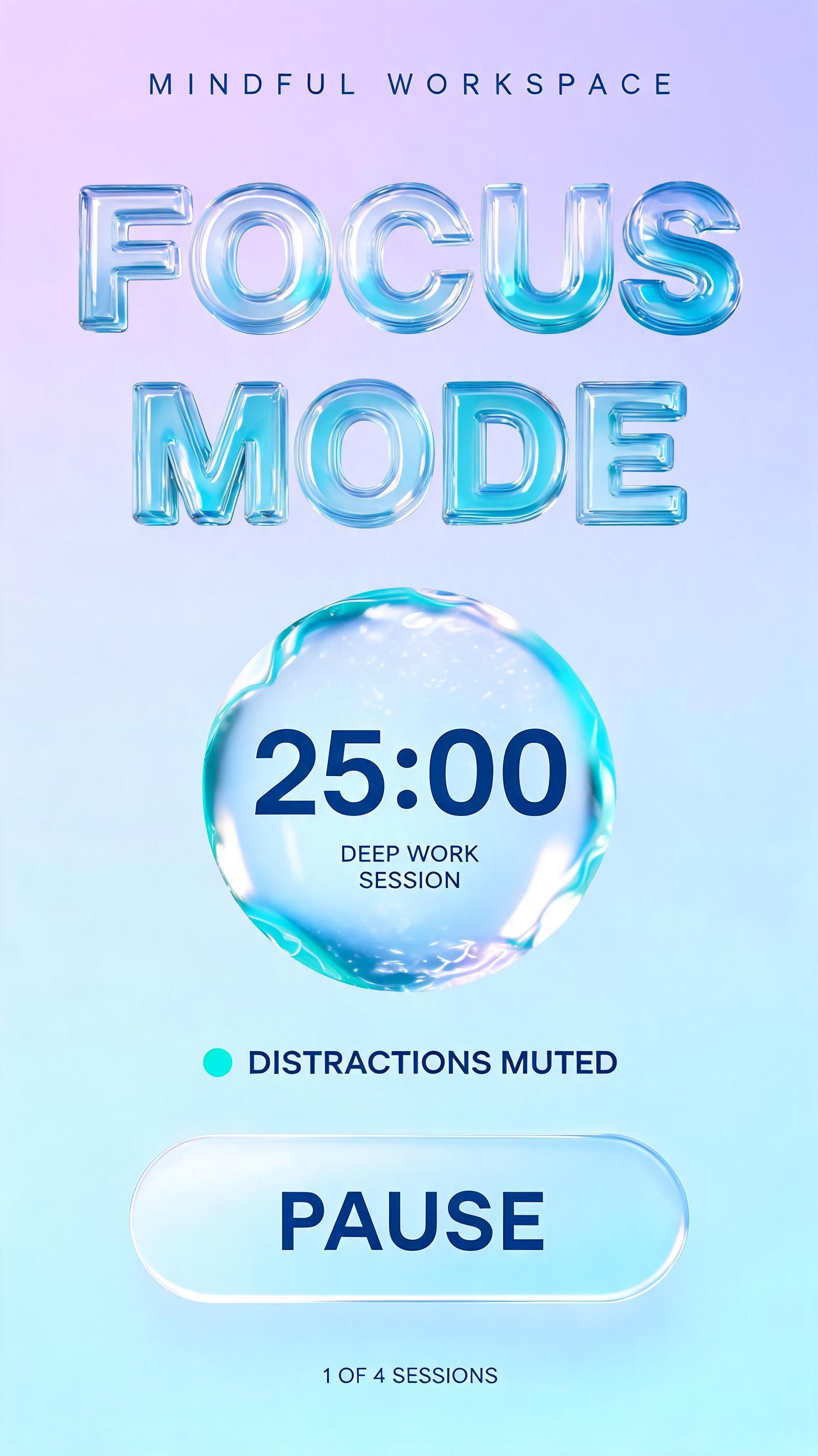 "FOCUS
MODE
MINDFUL WORKSPACE
25:00
DEEP WORK SESSION
DISTRACTIONS MUTED
PAUSE
1 OF 4 SESSIONS" — Glass Liquid | AI Text Effect Generator