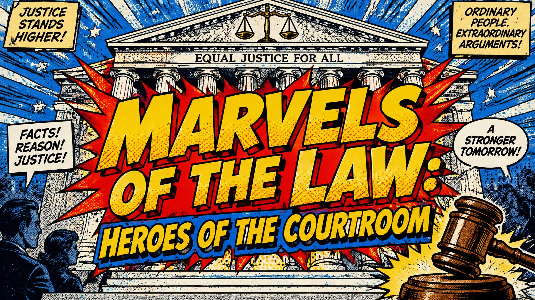 "Marvels of the Law: Heroes of the Courtroom" — Comic Book | AI Text Effect Generator