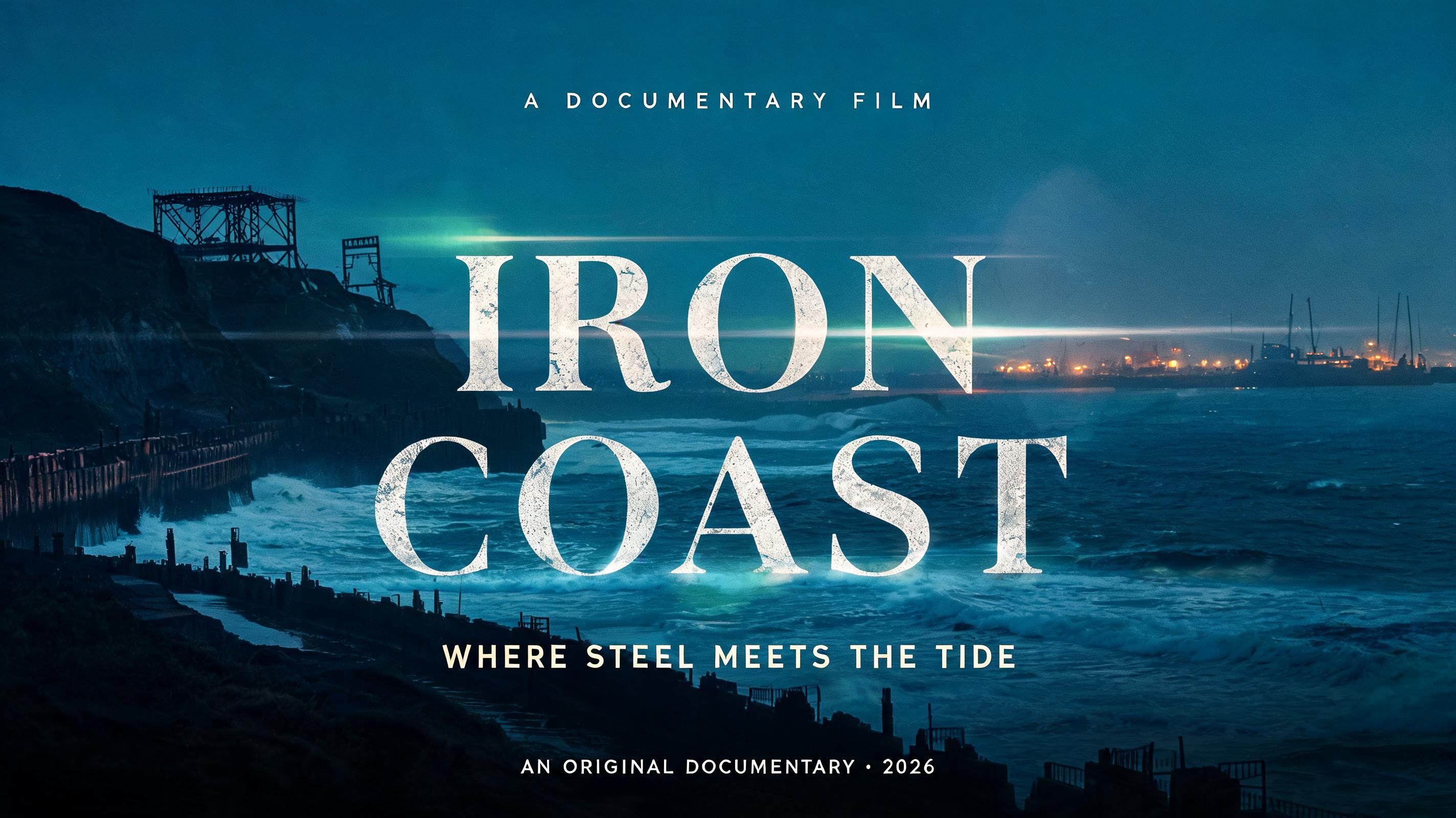 "IRON
COAST
A DOCUMENTARY FILM
WHERE STEEL MEETS THE TIDE
AN ORIGINAL DOCUMENTARY · 2026" — Cinematic Netflix | AI Text Effect Generator