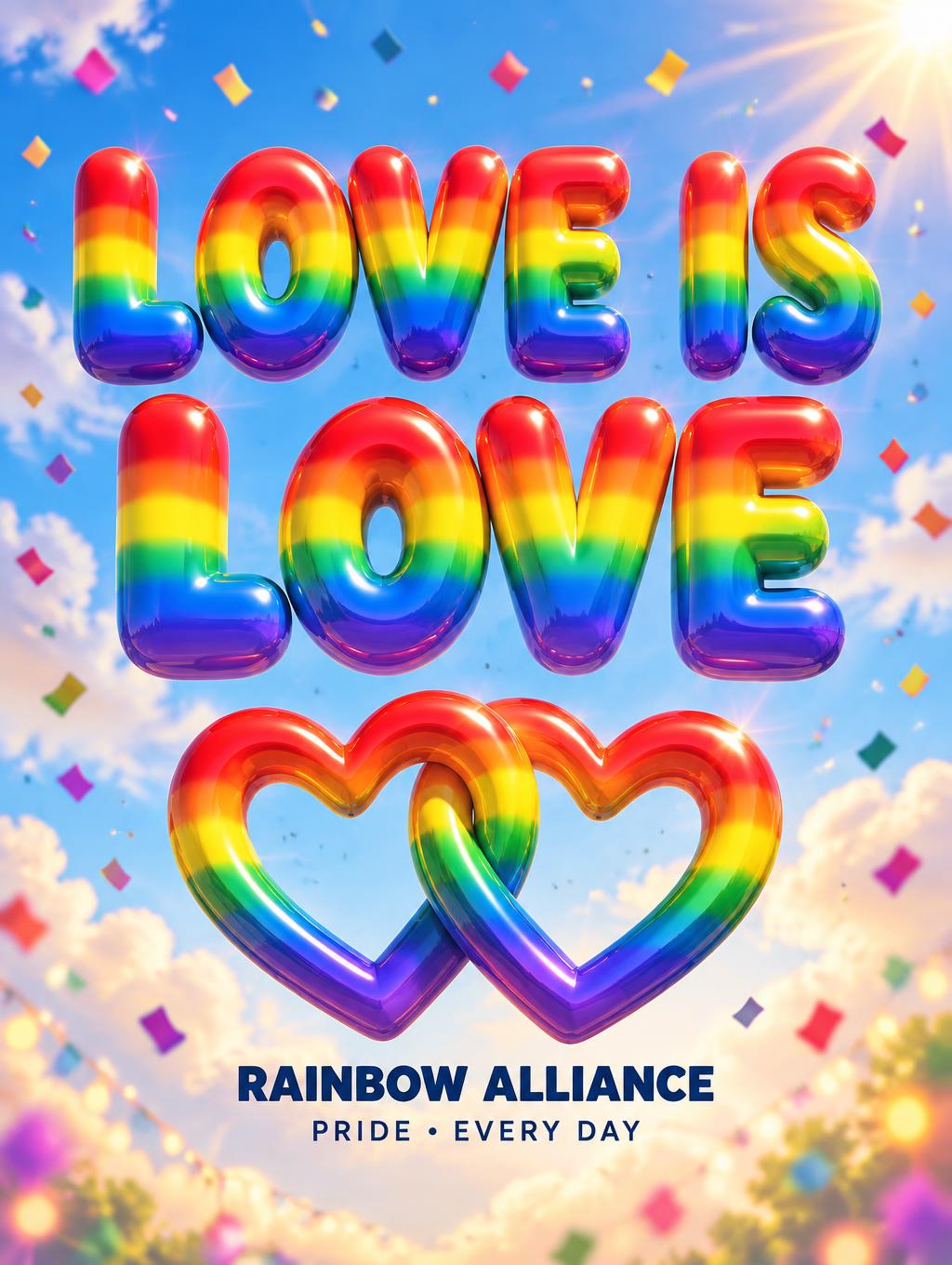 "LOVE IS LOVE
RAINBOW ALLIANCE
PRIDE • EVERY DAY" — Rainbow | AI Text Effect Generator