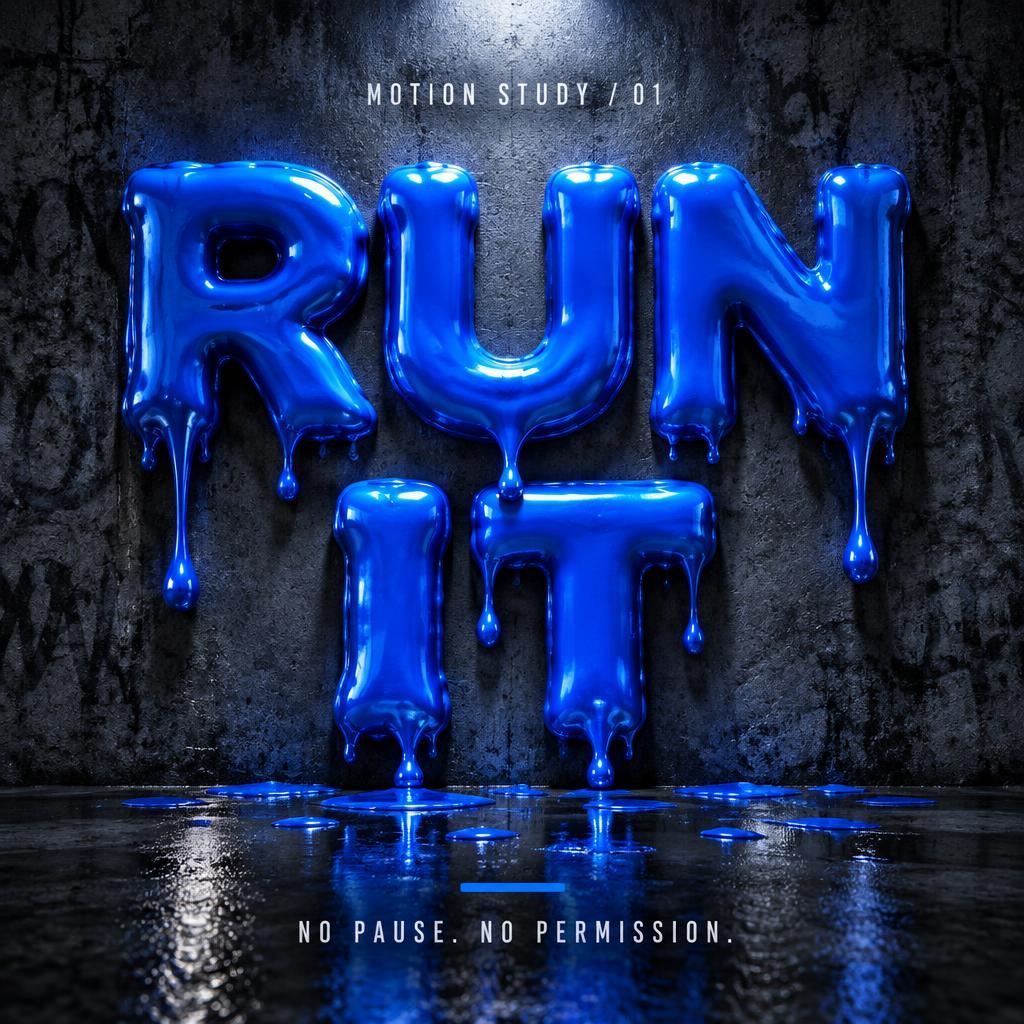 "RUN IT
NO PAUSE. NO PERMISSION.
MOTION STUDY / 01" — Drip Font | AI Text Effect Generator