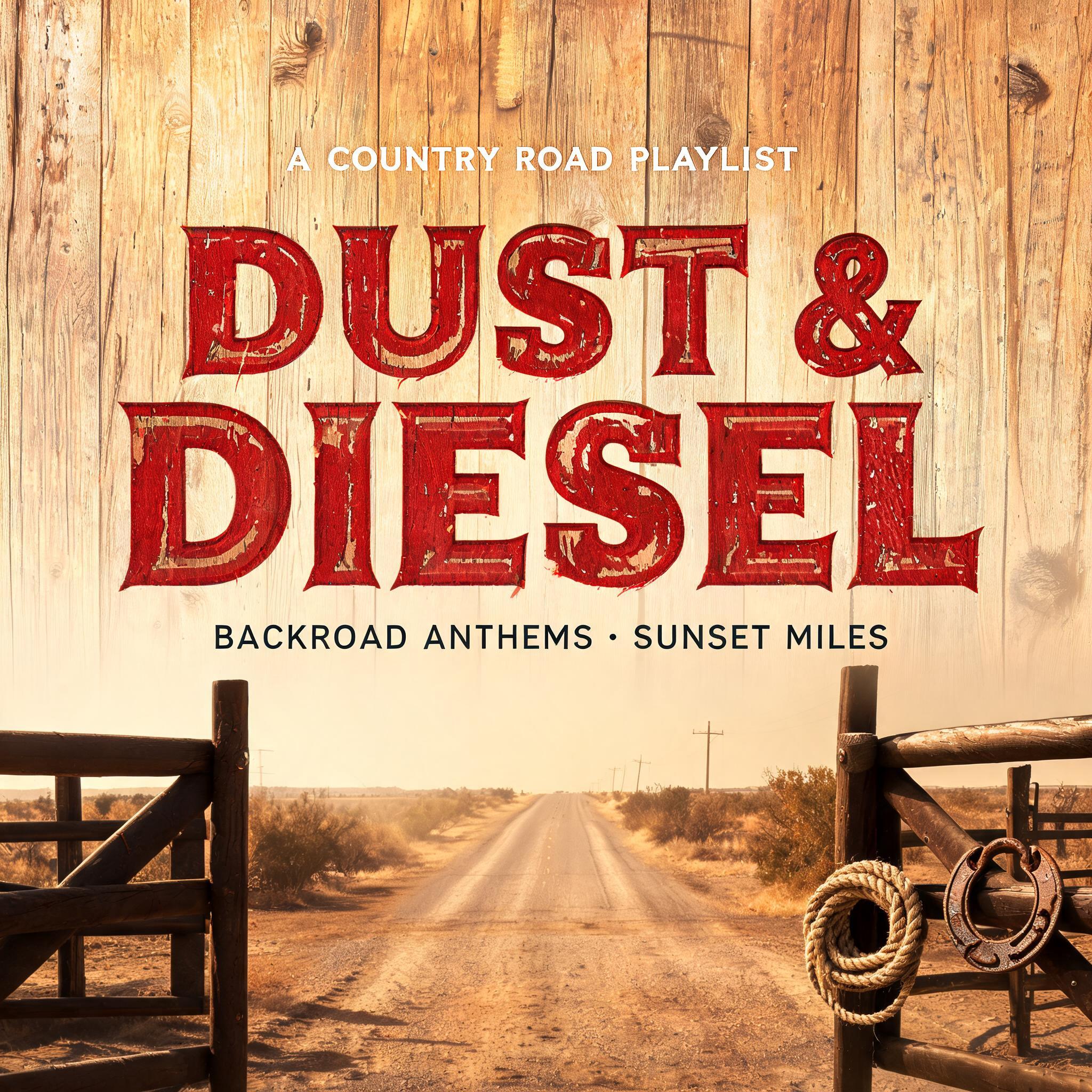 "DUST &
DIESEL
A COUNTRY ROAD PLAYLIST
BACKROAD ANTHEMS • SUNSET MILES" — Western text effect