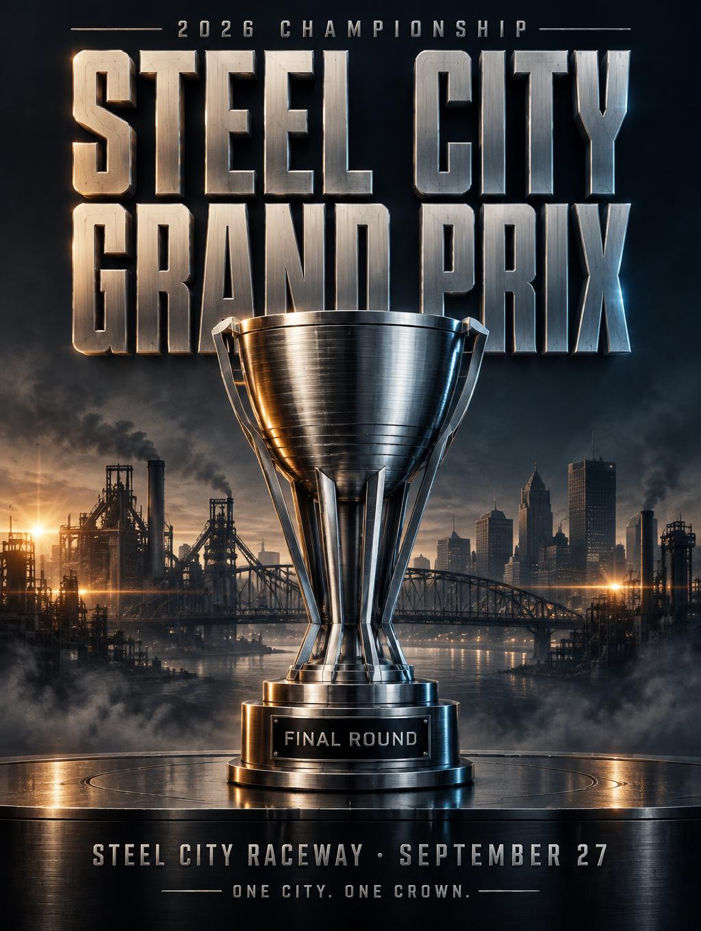 "STEEL CITY
GRAND PRIX
2026 CHAMPIONSHIP
FINAL ROUND
STEEL CITY RACEWAY · SEPTEMBER 27
ONE CITY. ONE CROWN." — Metallic | AI Text Effect Generator