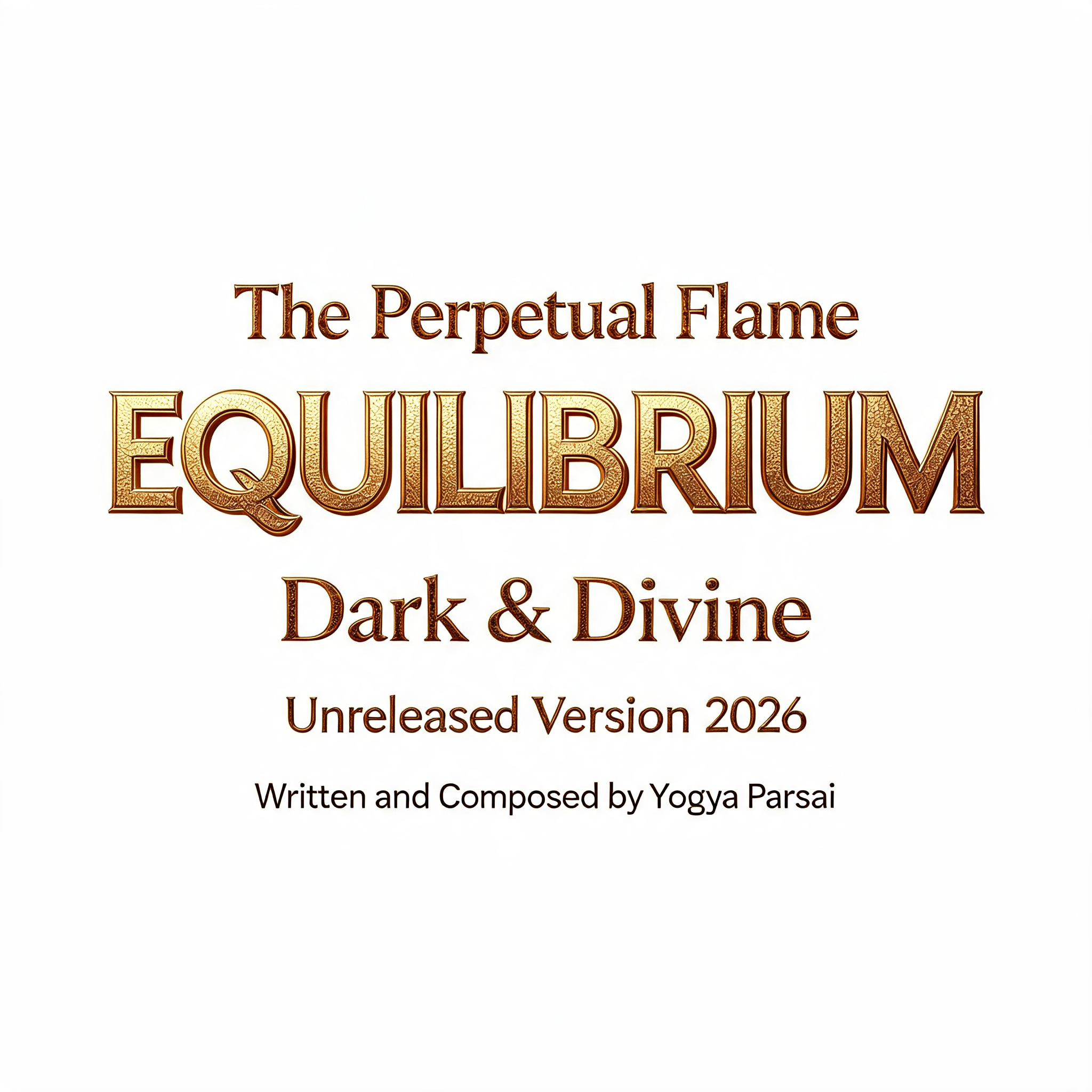 "The Perpetual Flame
EQUILIBRIUM
Dark & Divine
Unreleased Version 2026
Written and Composed by Yogya Parsai" — 3d Bold Gold | AI Text Effect Generator