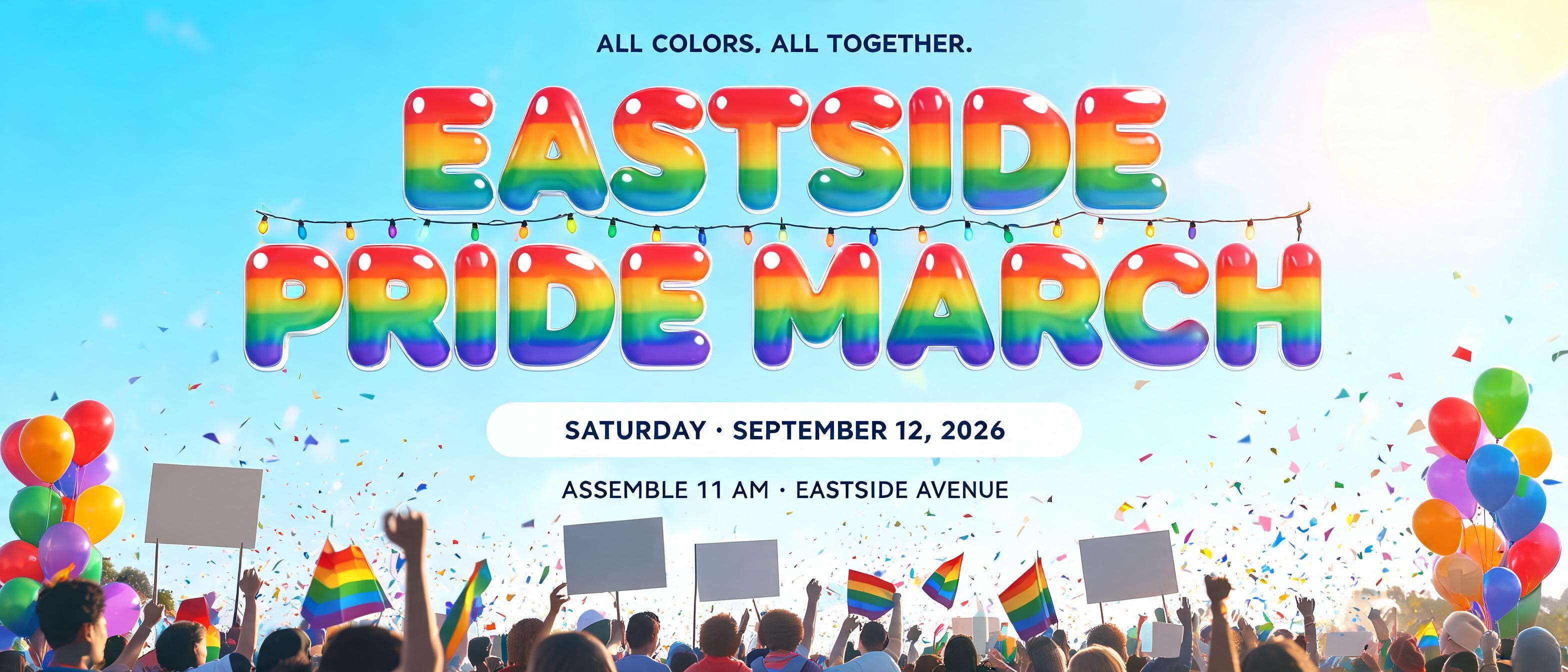 "EASTSIDE
PRIDE MARCH
ALL COLORS. ALL TOGETHER.
SATURDAY · SEPTEMBER 12, 2026
ASSEMBLE 11 AM · EASTSIDE AVENUE" — Rainbow | AI Text Effect Generator