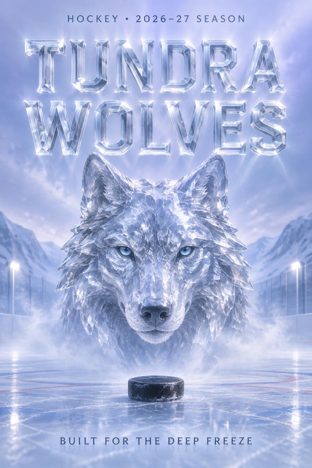 "TUNDRA WOLVES
HOCKEY • 2026–27 SEASON
BUILT FOR THE DEEP FREEZE" — Glass | AI Text Effect Generator