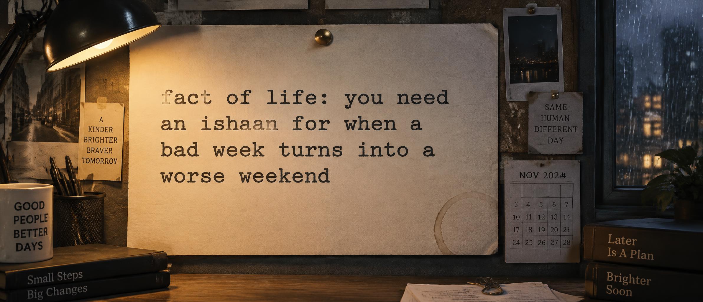 "fact of life: you need an ishaan for when a bad week turns into a worse weekend" —  | AI Text Effect Generator