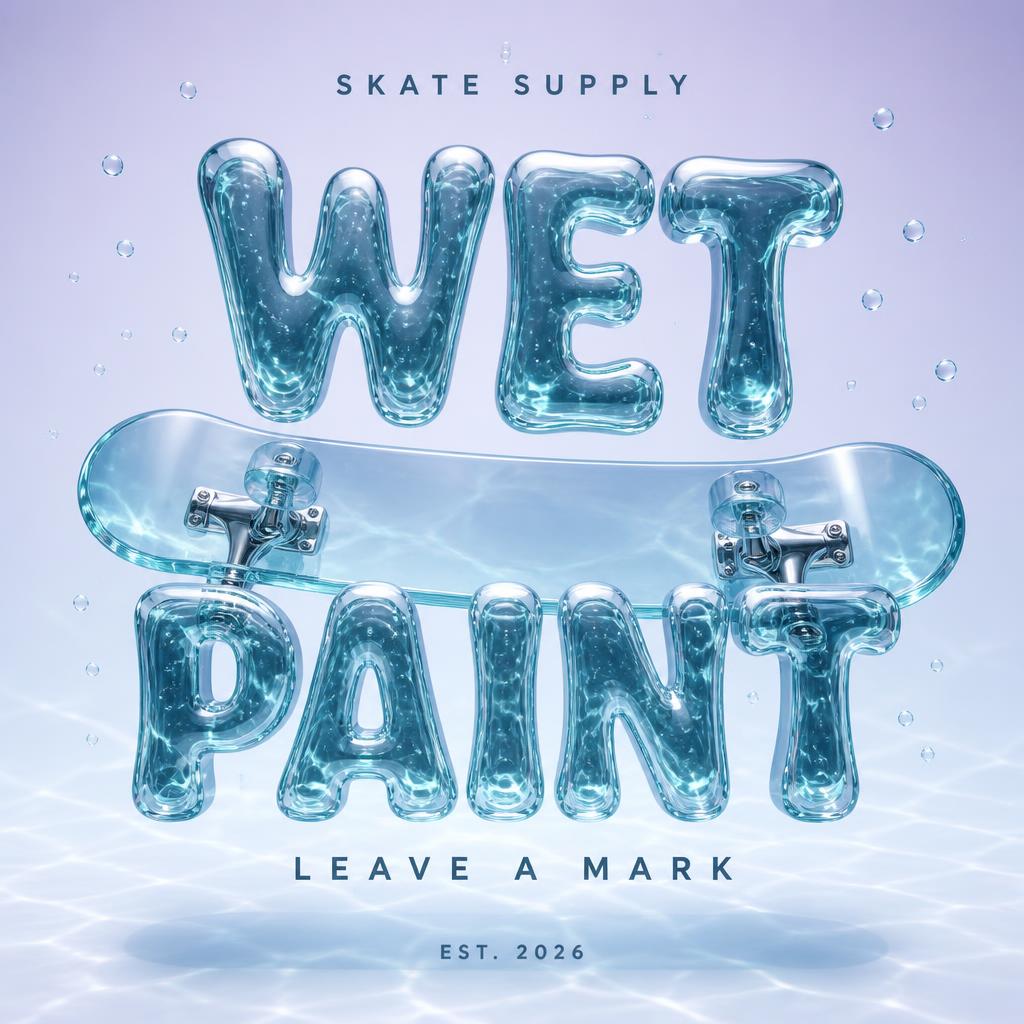 "WET PAINT
SKATE SUPPLY
LEAVE A MARK
EST. 2026" — Glass Liquid | AI Text Effect Generator