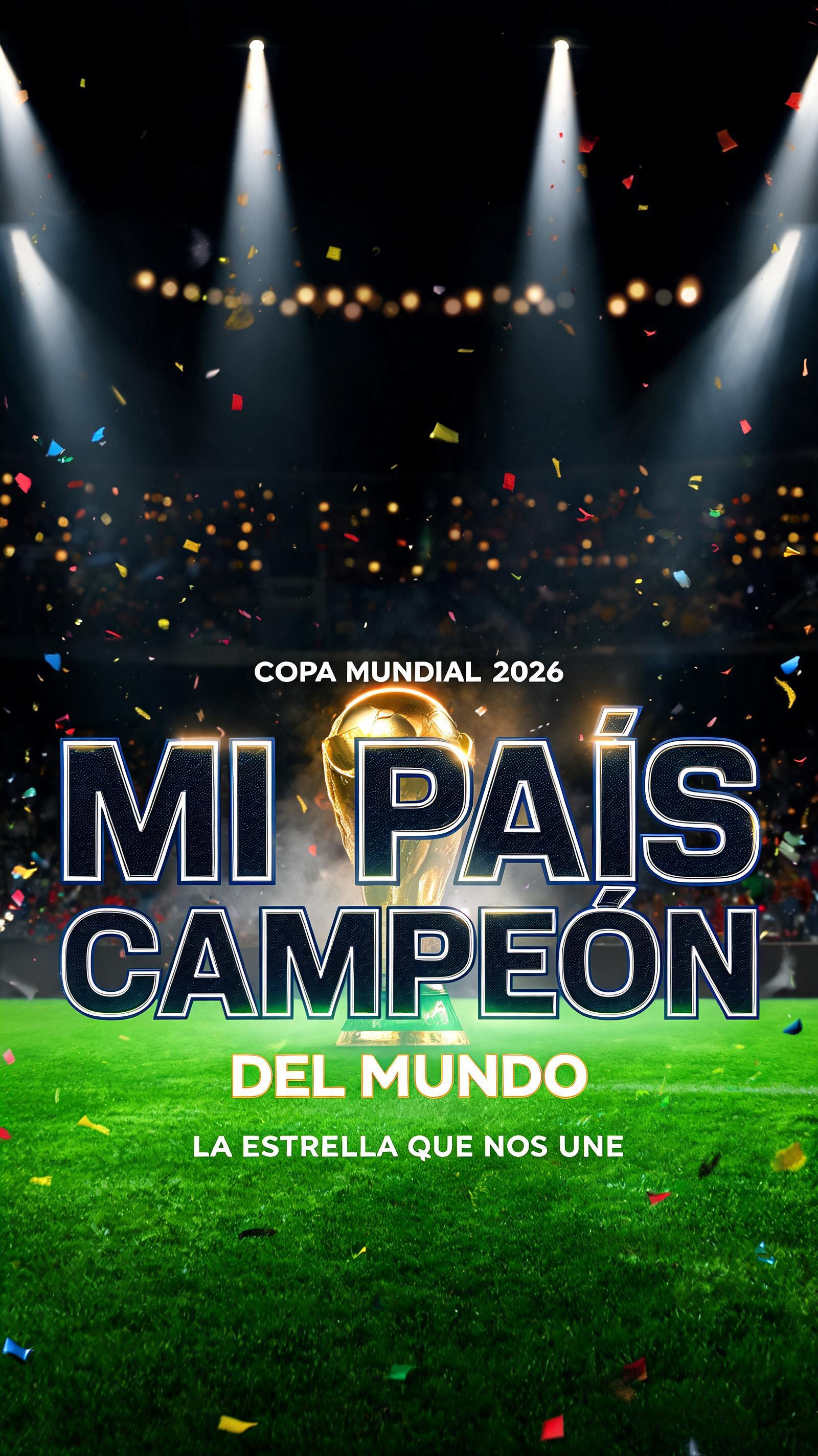 "MI PAÍS
CAMPEÓN
DEL MUNDO
COPA MUNDIAL 2026
LA ESTRELLA QUE NOS UNE" — Sports Football | AI Text Effect Generator