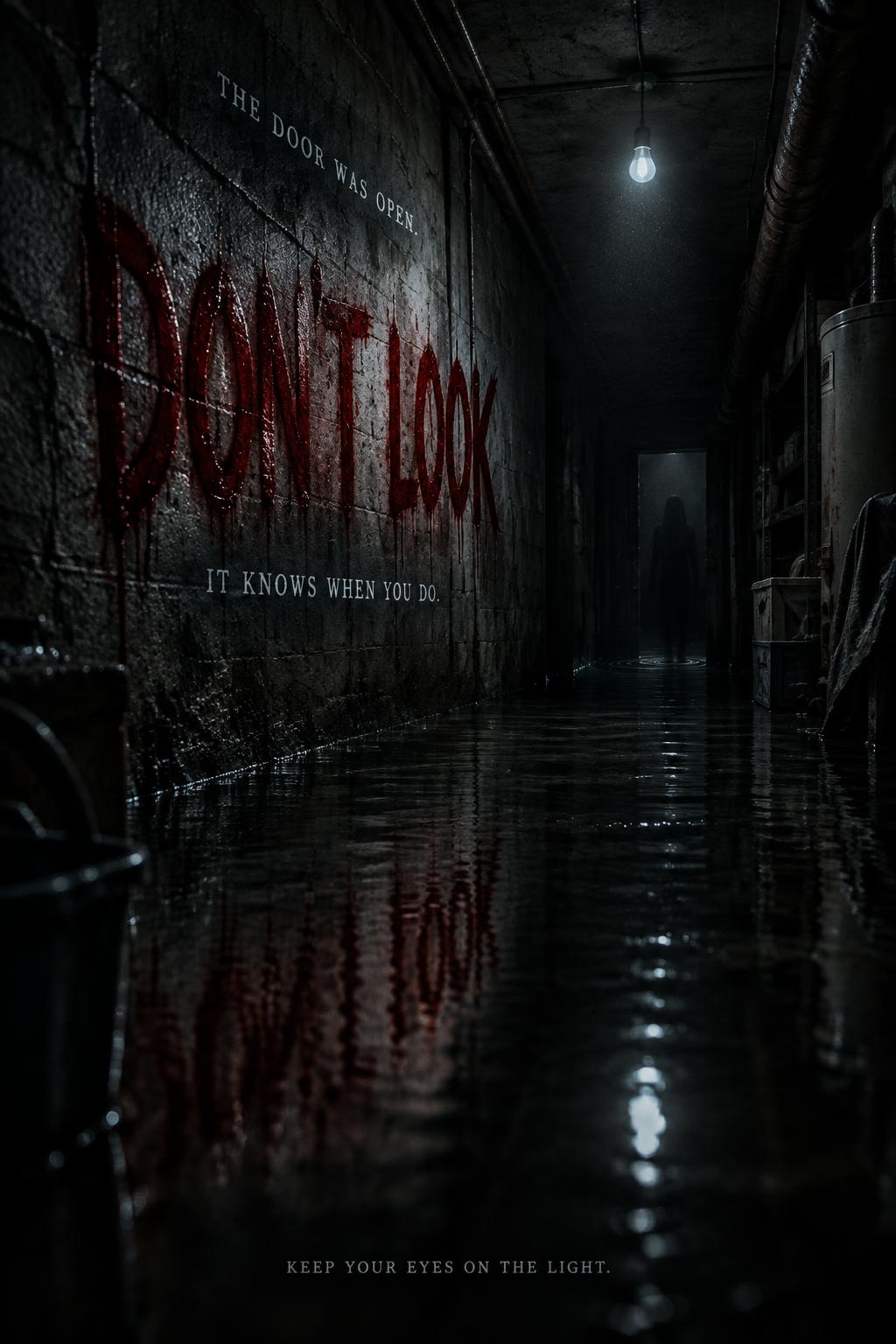 "DON'T LOOK
IT KNOWS WHEN YOU DO.
THE DOOR WAS OPEN.
KEEP YOUR EYES ON THE LIGHT." — Cinematic Horror text effect