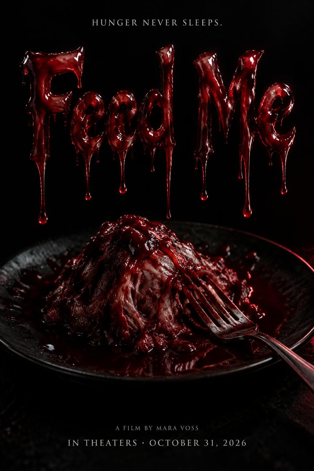 "Feed Me
HUNGER NEVER SLEEPS.
A FILM BY MARA VOSS
IN THEATERS · OCTOBER 31, 2026" — Drip Font Blood | AI Text Effect Generator