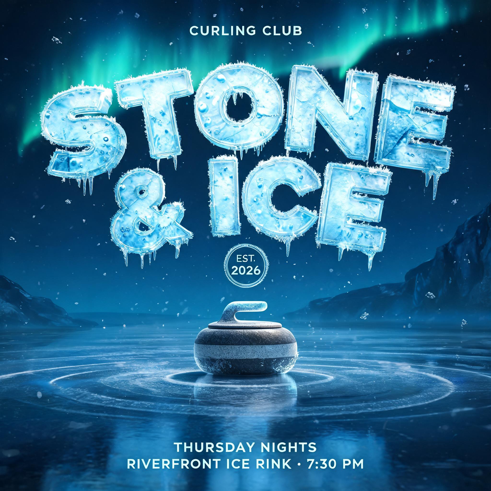 "STONE
& ICE
CURLING CLUB
THURSDAY NIGHTS
RIVERFRONT ICE RINK · 7:30 PM
EST. 2026" — Glass Frozen | AI Text Effect Generator