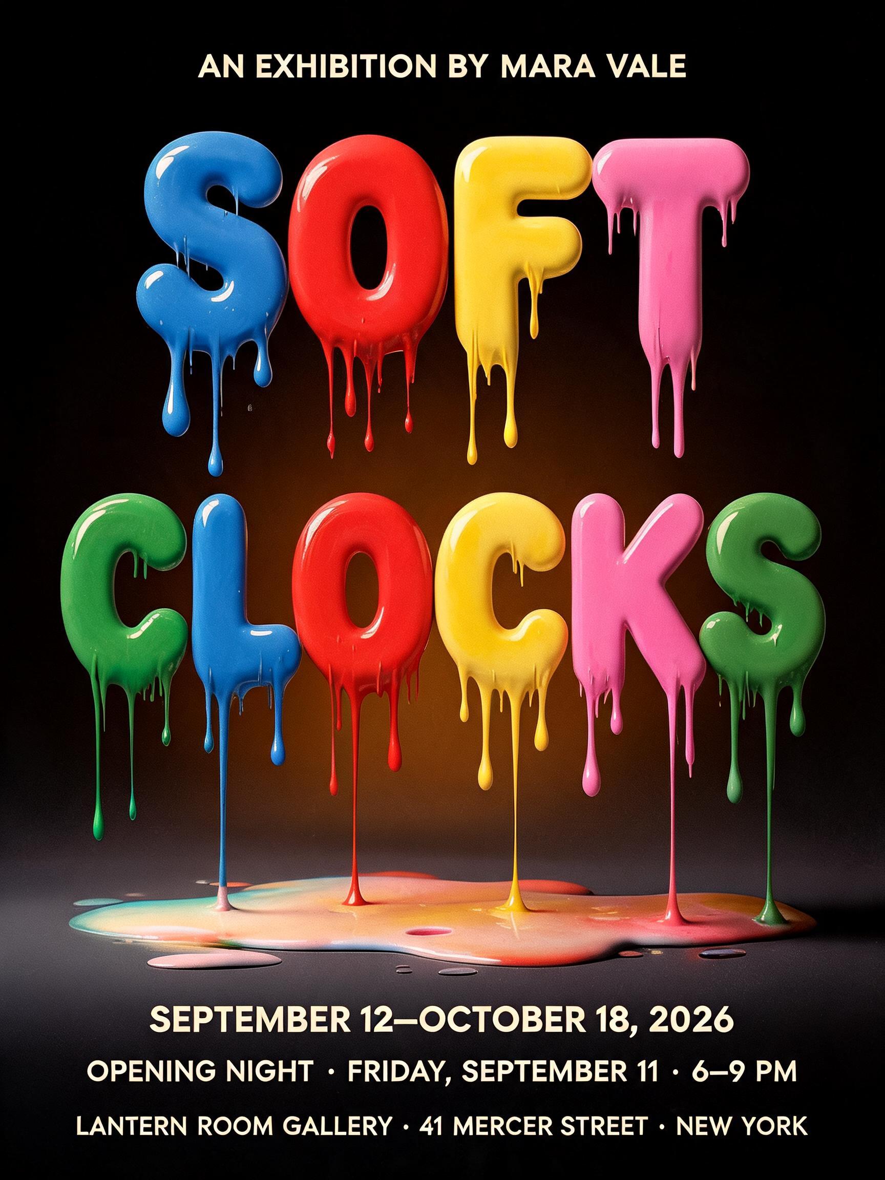 "SOFT
CLOCKS
AN EXHIBITION BY MARA VALE
SEPTEMBER 12–OCTOBER 18, 2026
OPENING NIGHT · FRIDAY, SEPTEMBER 11 · 6–9 PM
LANTERN ROOM GALLERY · 41 MERCER STREET · NEW YORK" — Drip Font Melting text effect