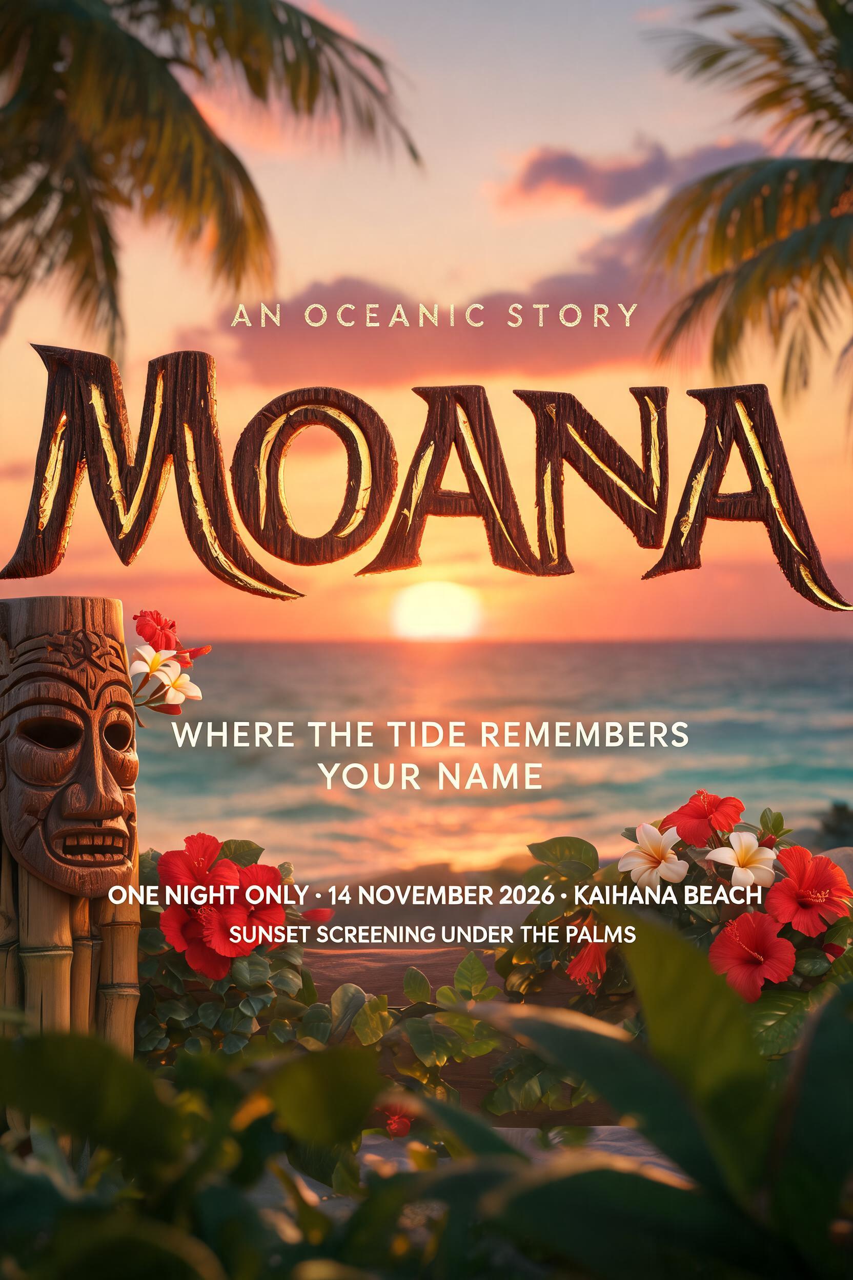 "MOANA
AN OCEANIC STORY
WHERE THE TIDE REMEMBERS YOUR NAME
ONE NIGHT ONLY · 14 NOVEMBER 2026 · KAIHANA BEACH
SUNSET SCREENING UNDER THE PALMS" — Hawaiian text effect
