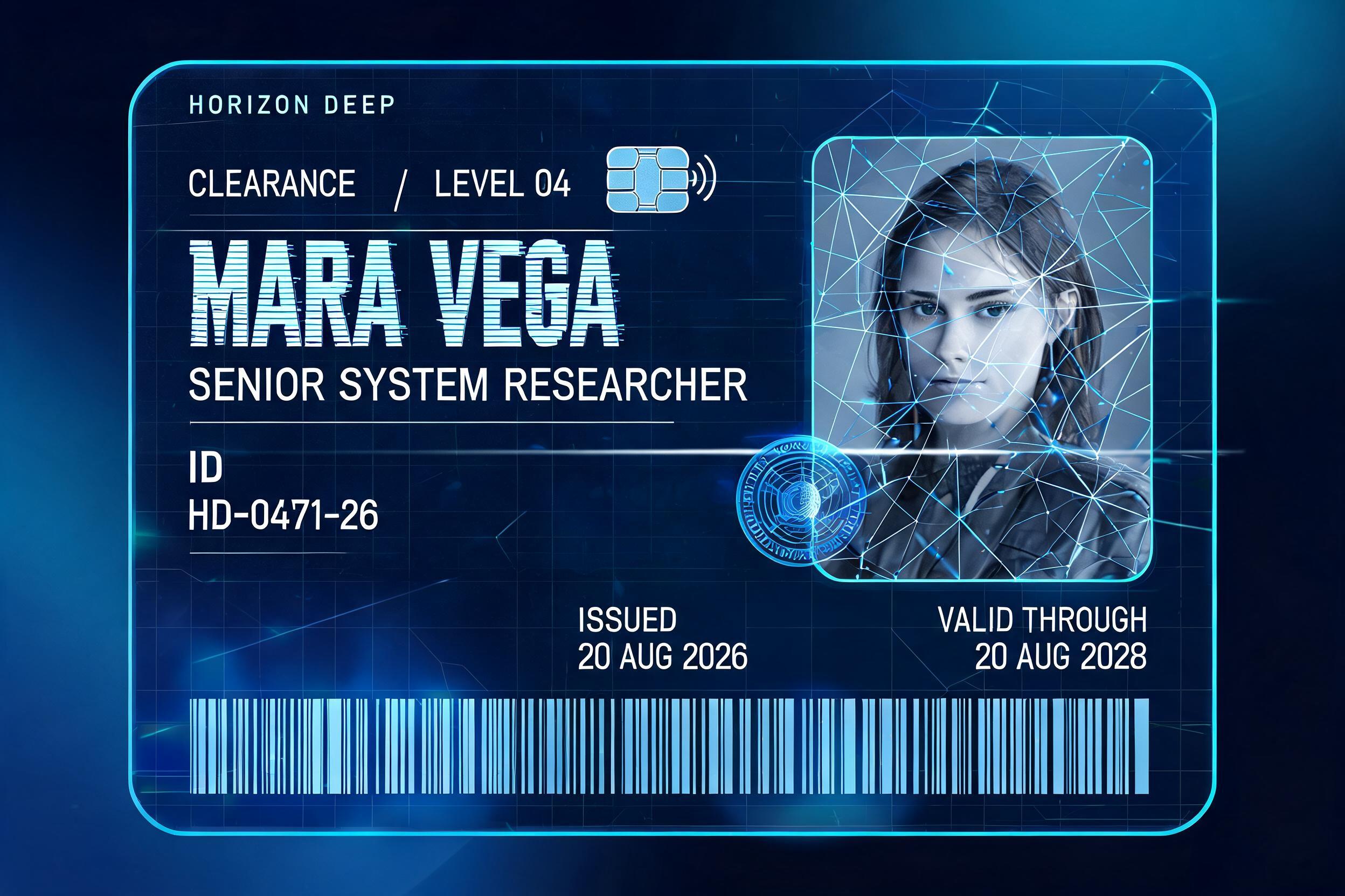"Create a secure facility access card graphic for the research lab Horizon Deep" — Futuristic | AI Text Effect Generator