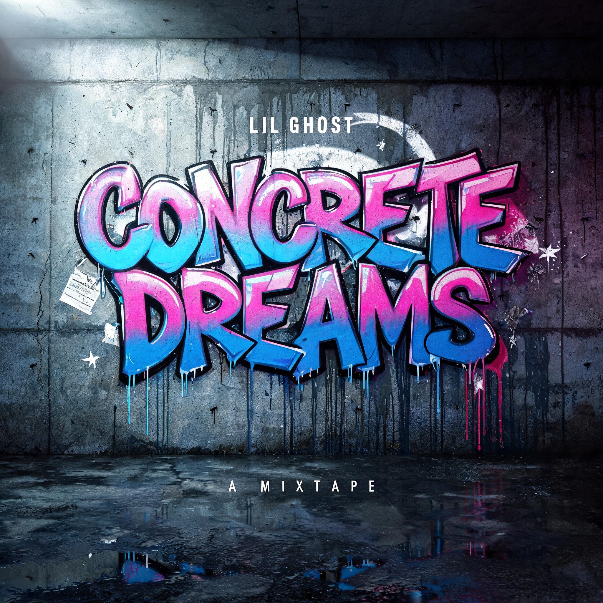 "Design a mixtape cover for the rapper Lil Ghost called Concrete Dreams" — Graffiti text effect
