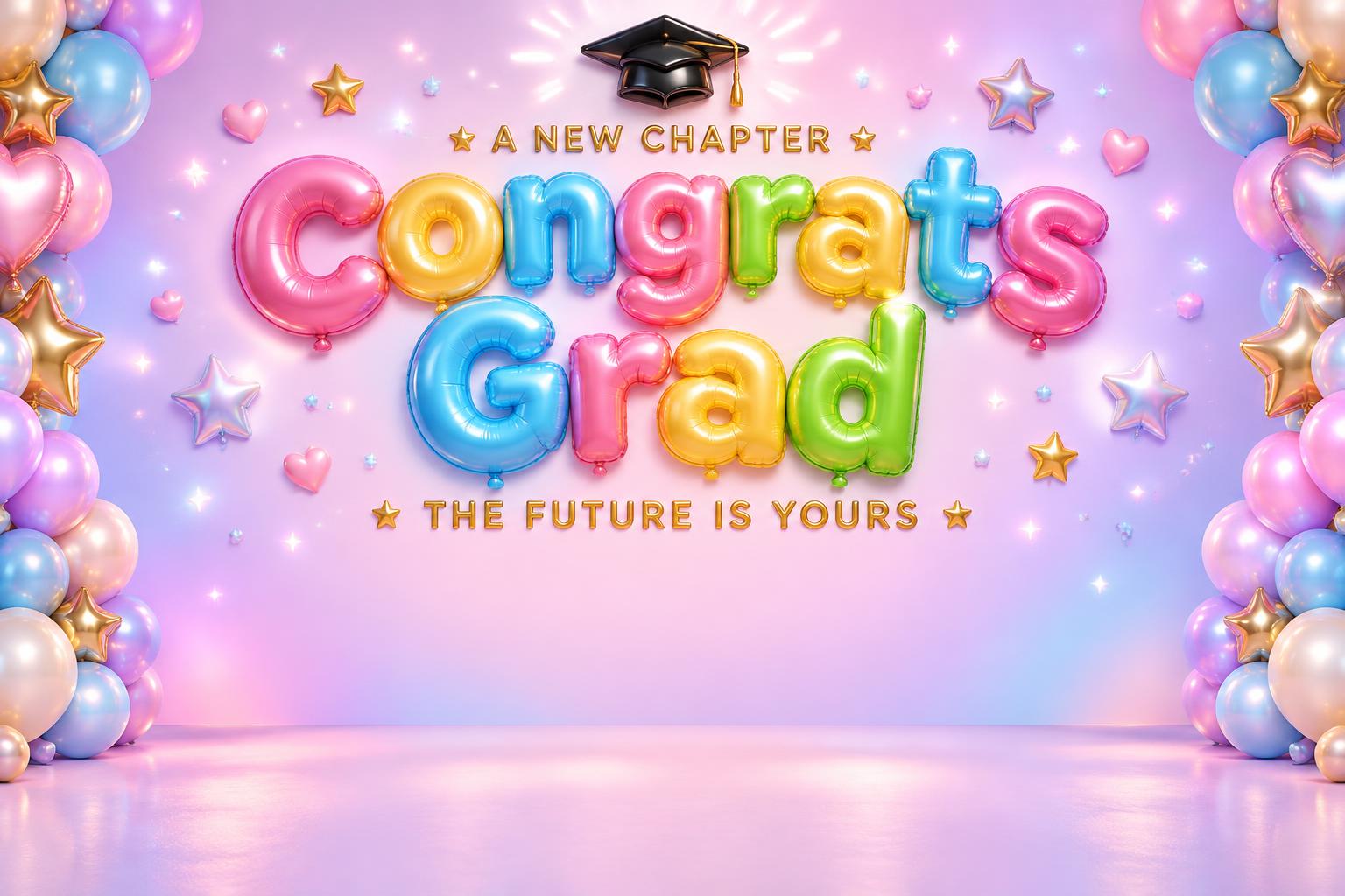 "Congrats Grad
A NEW CHAPTER
THE FUTURE IS YOURS" — Y2k Bubbly | AI Text Effect Generator
