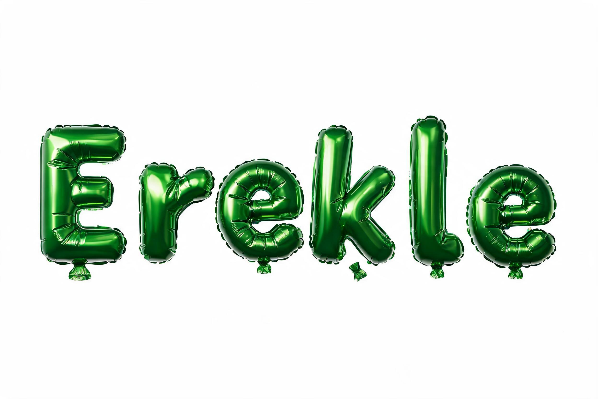 "Make me some balloon letters with the word "Erekle" in green that will shine like green foil. The background is transparent." — Y2k Bubbly text effect