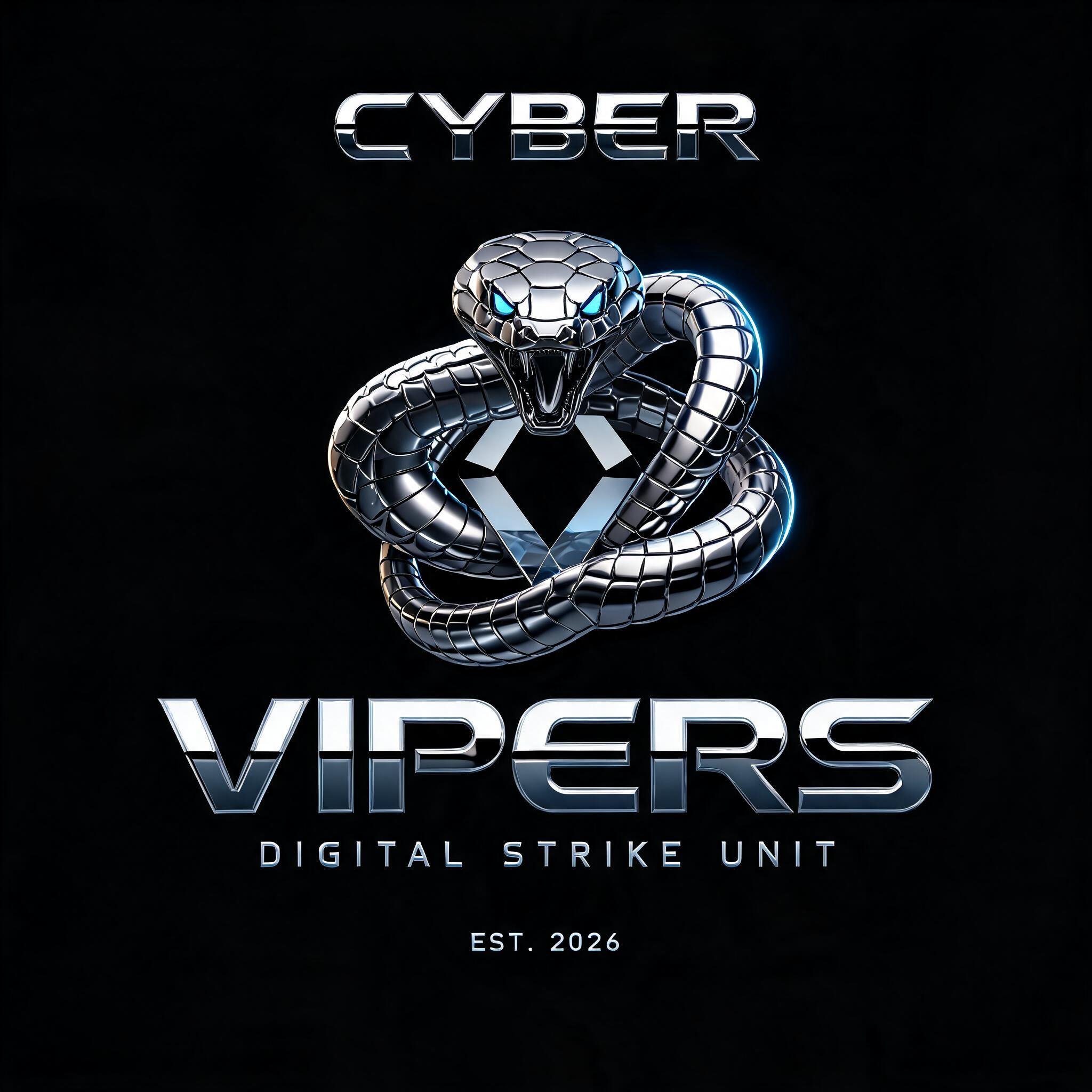 "CYBER
VIPERS
DIGITAL STRIKE UNIT
EST. 2026" — chrome metal 3d text effect