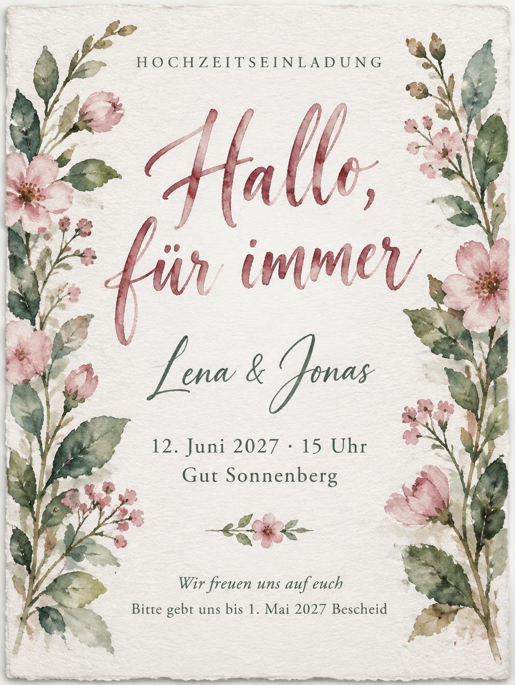 "Hallo, für immer
HOCHZEITSEINLADUNG
Lena & Jonas
12. Juni 2027 · 15 Uhr
Gut Sonnenberg
Wir freuen uns auf euch
Bitte gebt uns bis 1. Mai 2027 Bescheid" — watercolor text effect