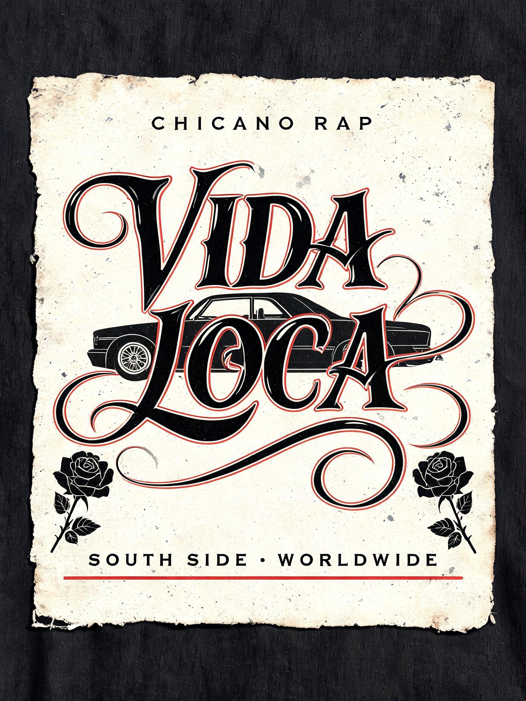 "VIDA LOCA
CHICANO RAP
SOUTH SIDE • WORLDWIDE" — Chicano | AI Text Effect Generator