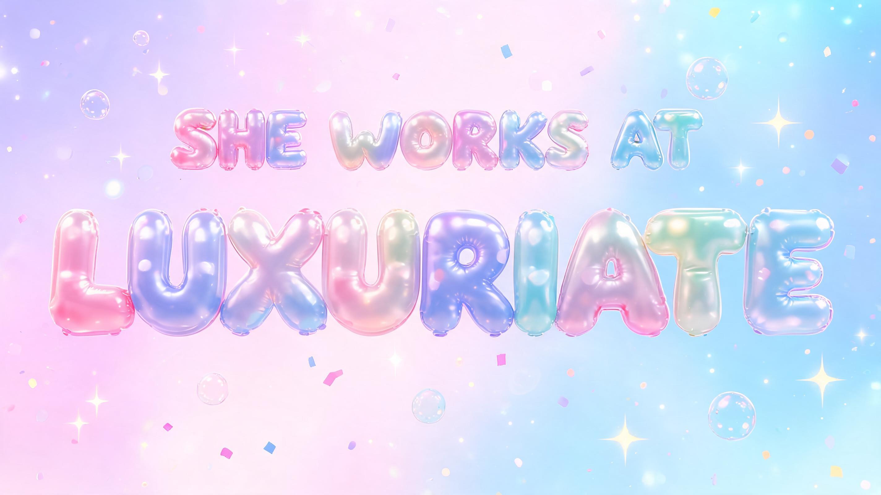 "SHE WORKS AT LUXURIATE" — Bubble text effect