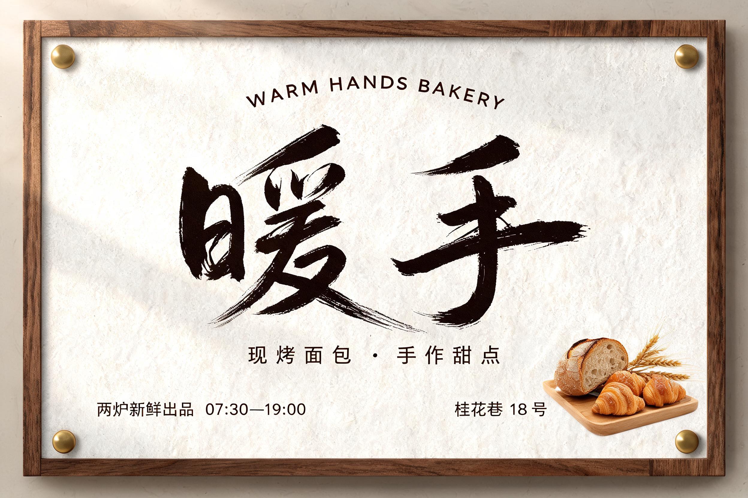"暖手
WARM HANDS BAKERY
现烤面包 · 手作甜点
两炉新鲜出品  07:30—19:00
桂花巷 18 号" — Brush Stroke | AI Text Effect Generator