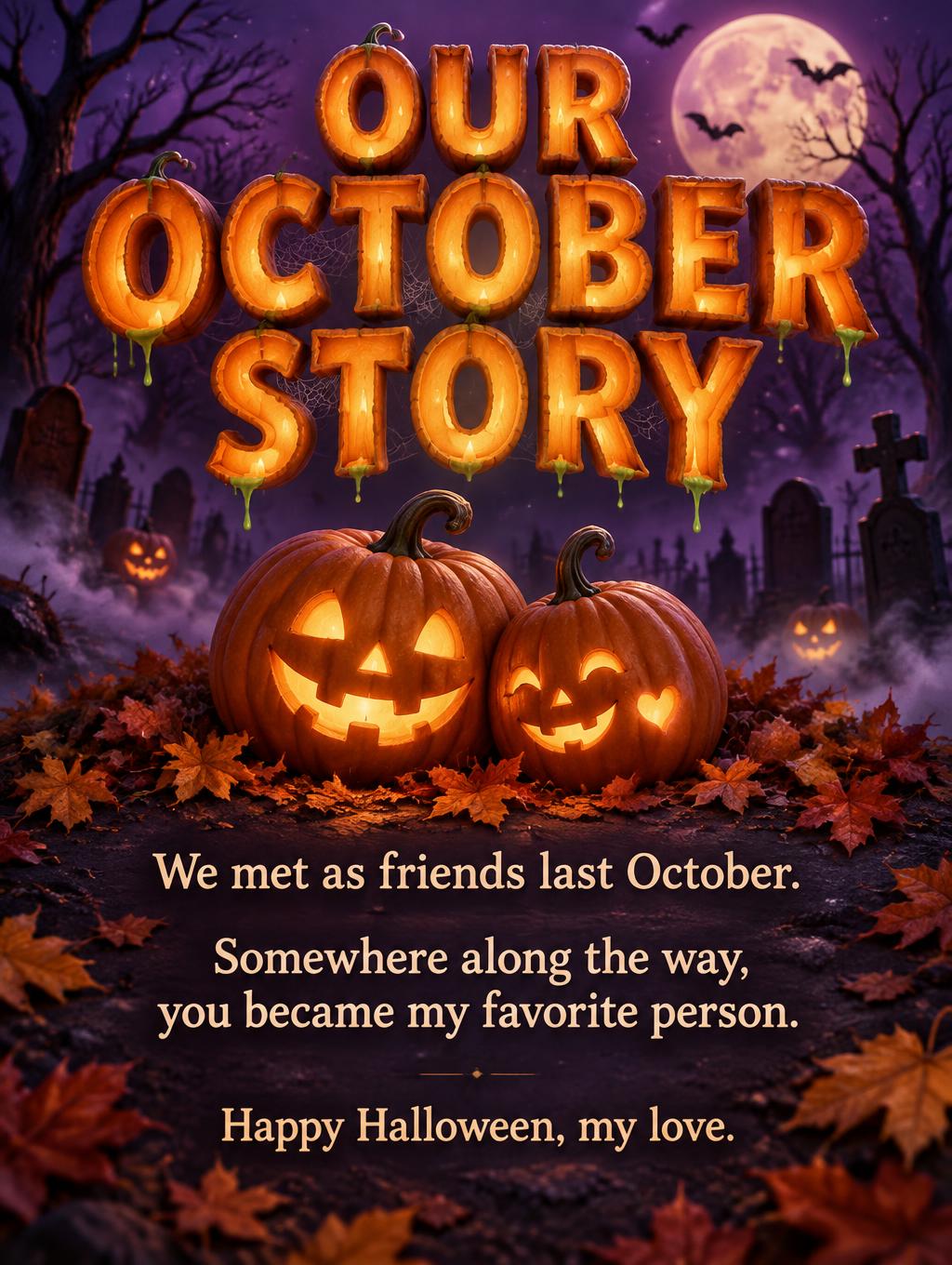 "OUR OCTOBER STORY
We met as friends last October.
Somewhere along the way, you became my favorite person.
Happy Halloween, my love." — Halloween | AI Text Effect Generator