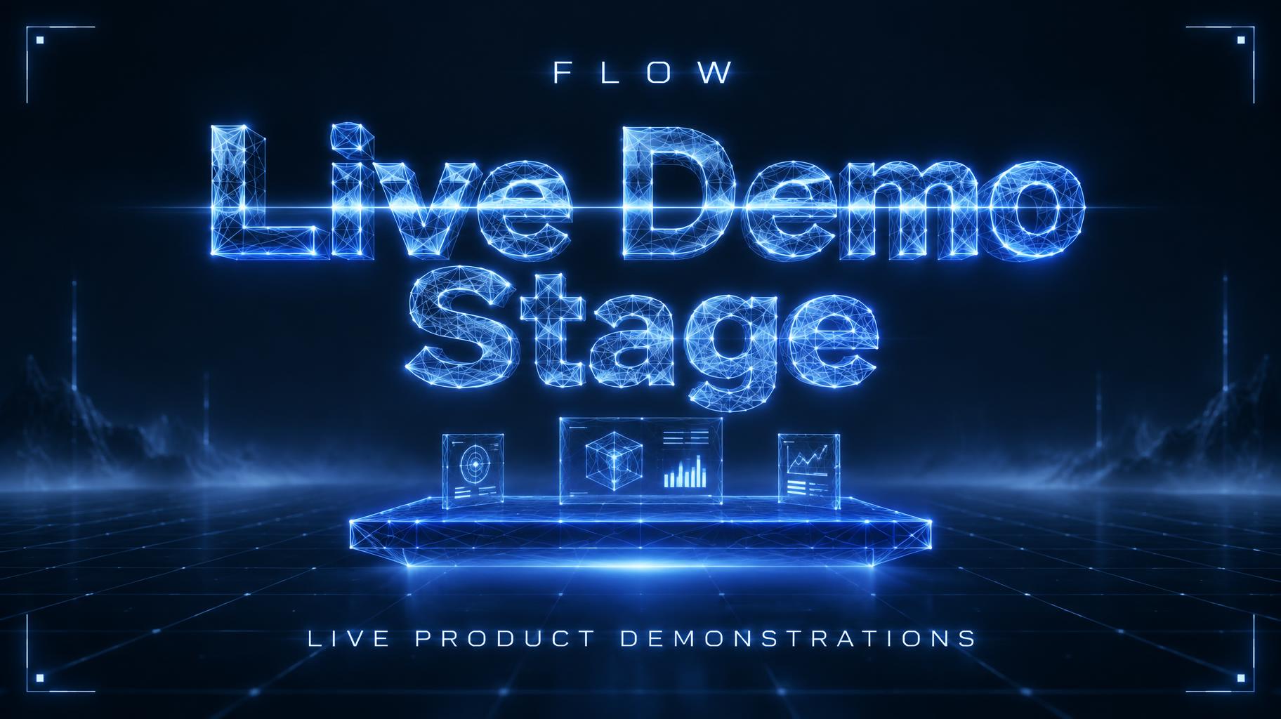 "Live Demo Stage
FLOW
LIVE PRODUCT DEMONSTRATIONS" — Futuristic | AI Text Effect Generator