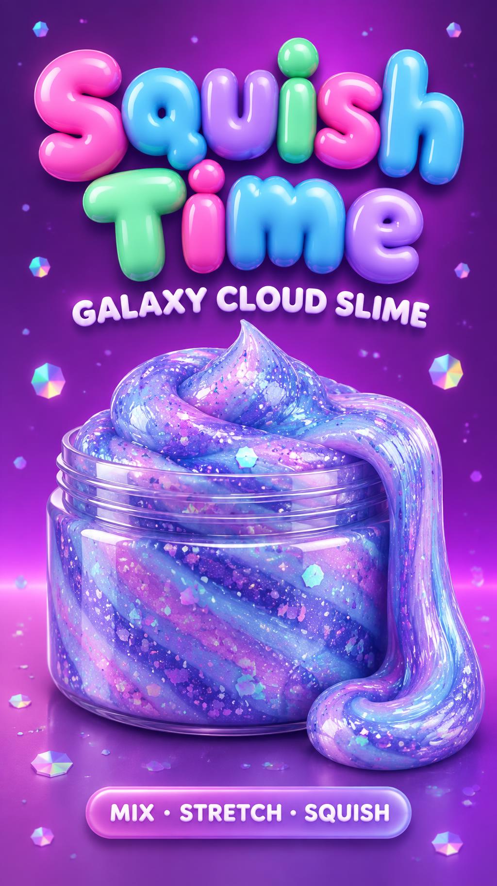 "Squish Time
GALAXY CLOUD SLIME
MIX • STRETCH • SQUISH" — 3d Bold Inflated | AI Text Effect Generator