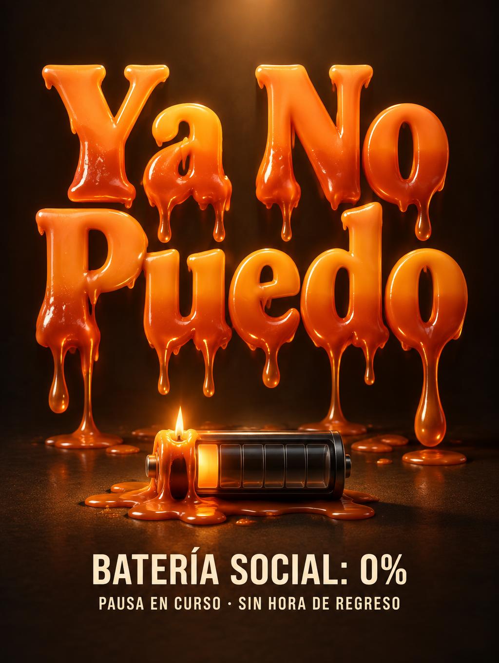 "Ya No Puedo
BATERÍA SOCIAL: 0%
PAUSA EN CURSO · SIN HORA DE REGRESO" — Drip Font Melting | AI Text Effect Generator