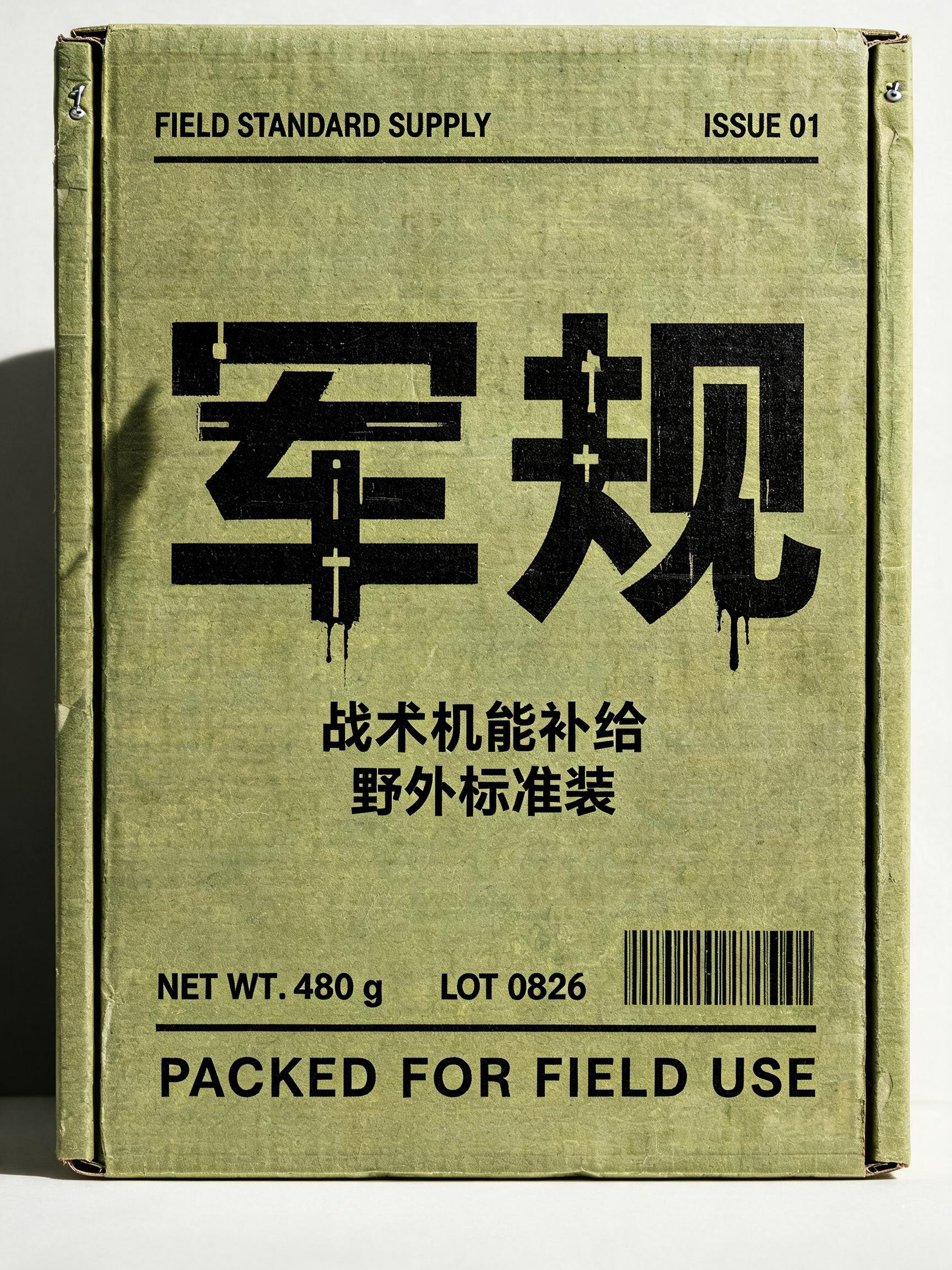 "帮我做镂空模板字，写「军规」，给包装" — Stencil text effect