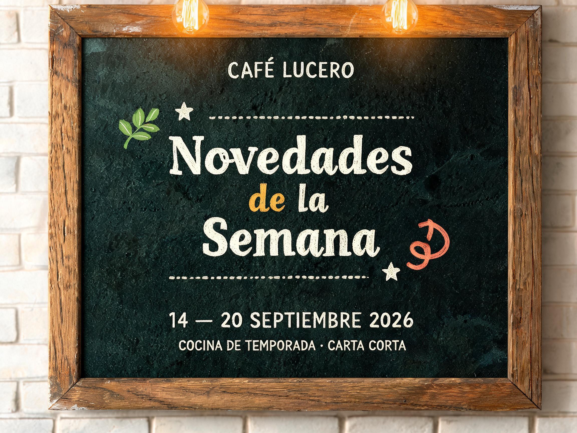 "Novedades
de la
Semana
CAFÉ LUCERO
14 — 20 SEPTIEMBRE 2026
COCINA DE TEMPORADA · CARTA CORTA" — Chalk | AI Text Effect Generator