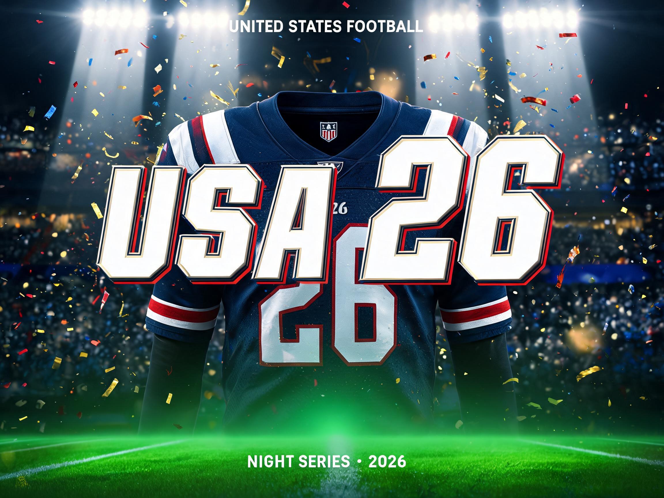 "USA 26
UNITED STATES FOOTBALL
NIGHT SERIES · 2026" — Sports Football | AI Text Effect Generator