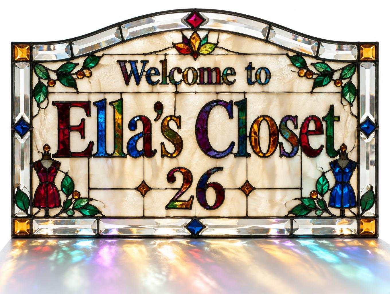 "Welcome to
Ella’s Closet
26" — Glass Color text effect